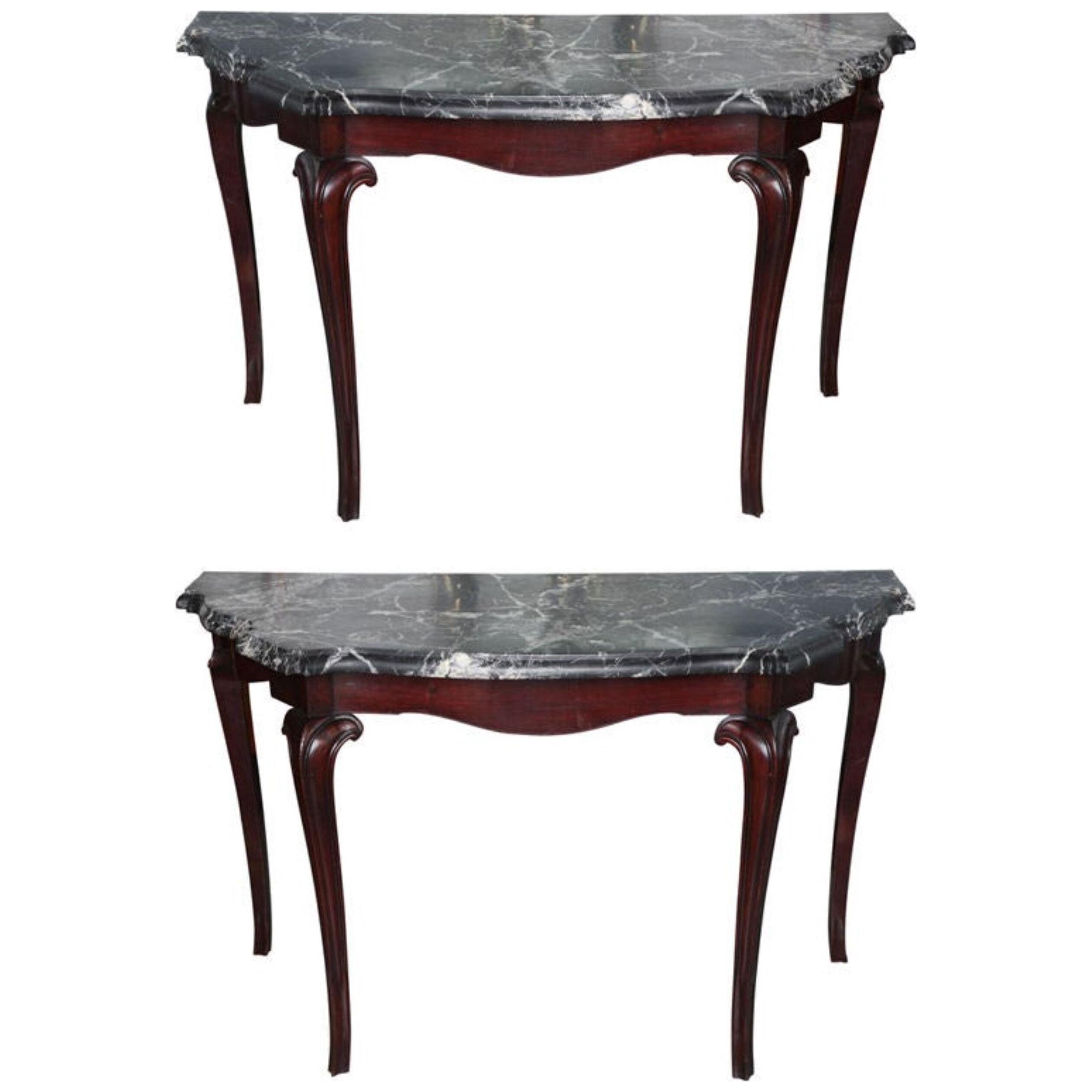 Fine Pair of Portuguese Rococo Rosewood and Marble Consoles