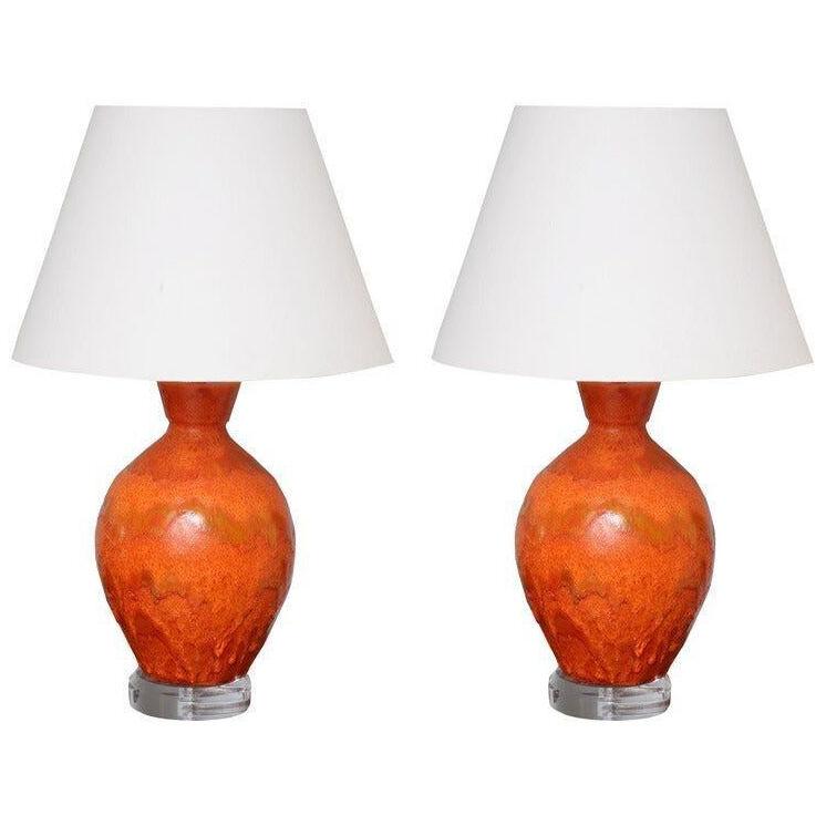 Pair of Monumental Sized Orange Mottled Glaze Ceramic Lamps