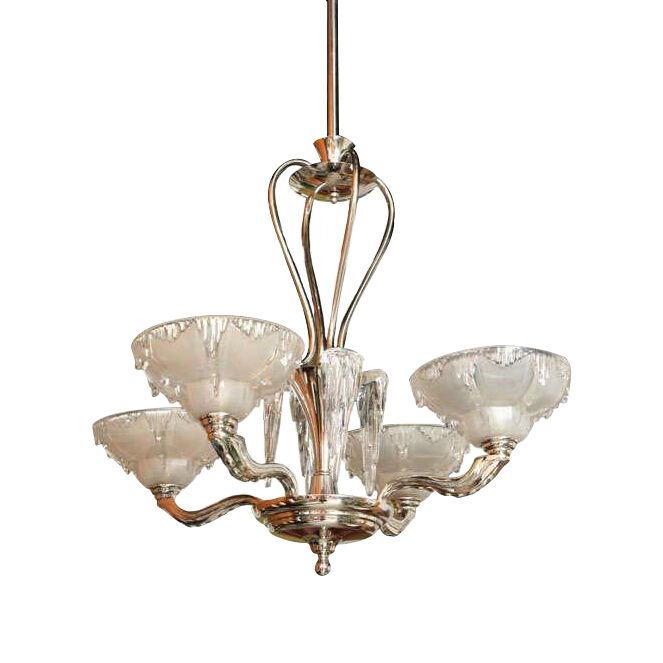 Late Art Deco Nickel and Frosted Glass "Icicle" Chandelier