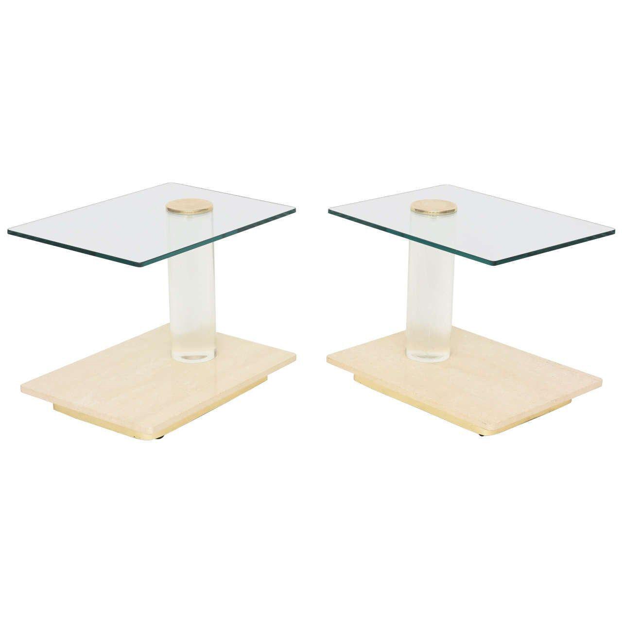 Pair of American Modern Travertine Marble, Lucite and Glass Tables Lion in Frost