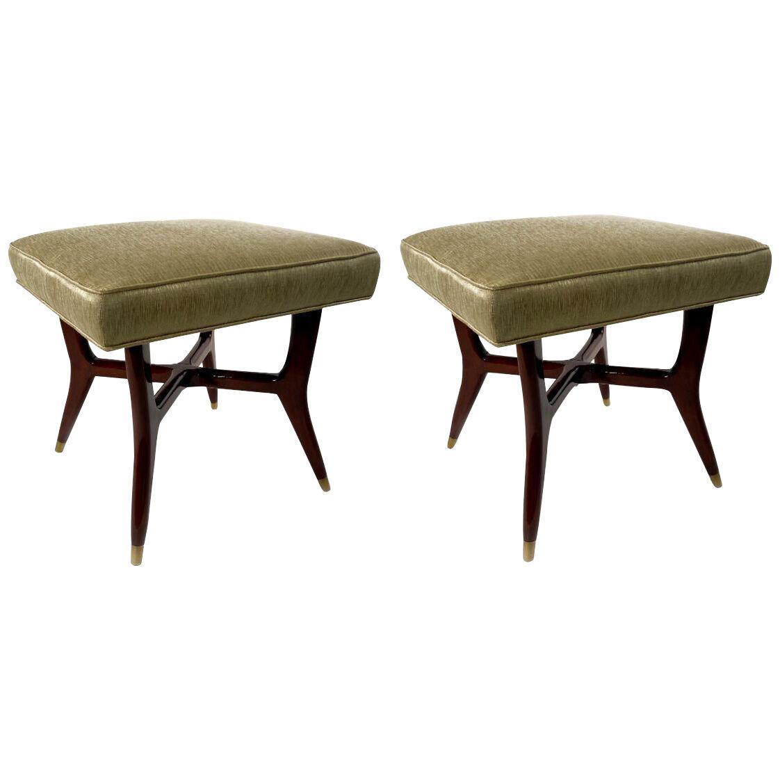 Pair Italian Modern mahogany and Brass Ottomans/Benches/Taboret, Attr. Gio Ponti