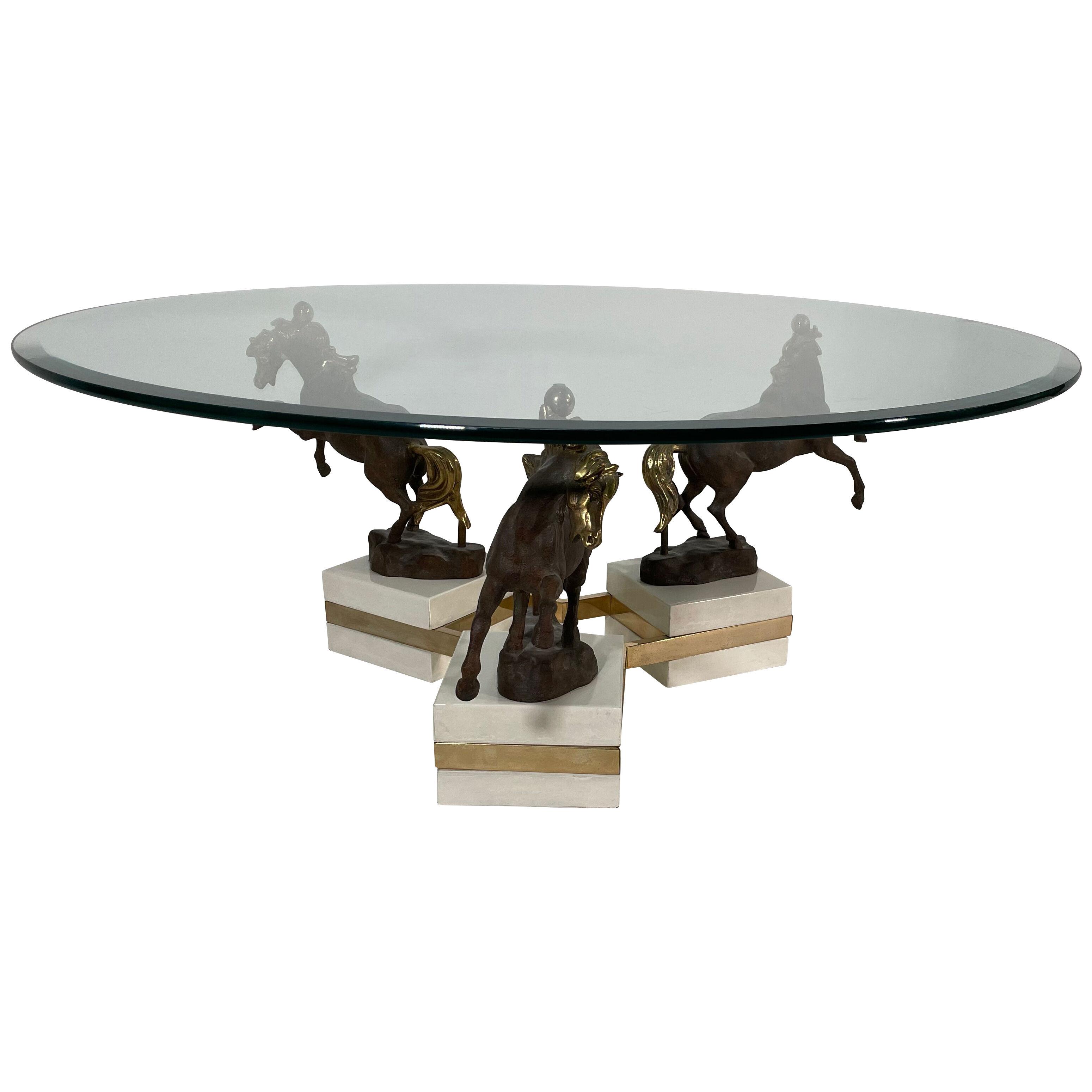 French Modern Bronze, Patinated Bronze, Marble & Glass Low Table, Maison Charles