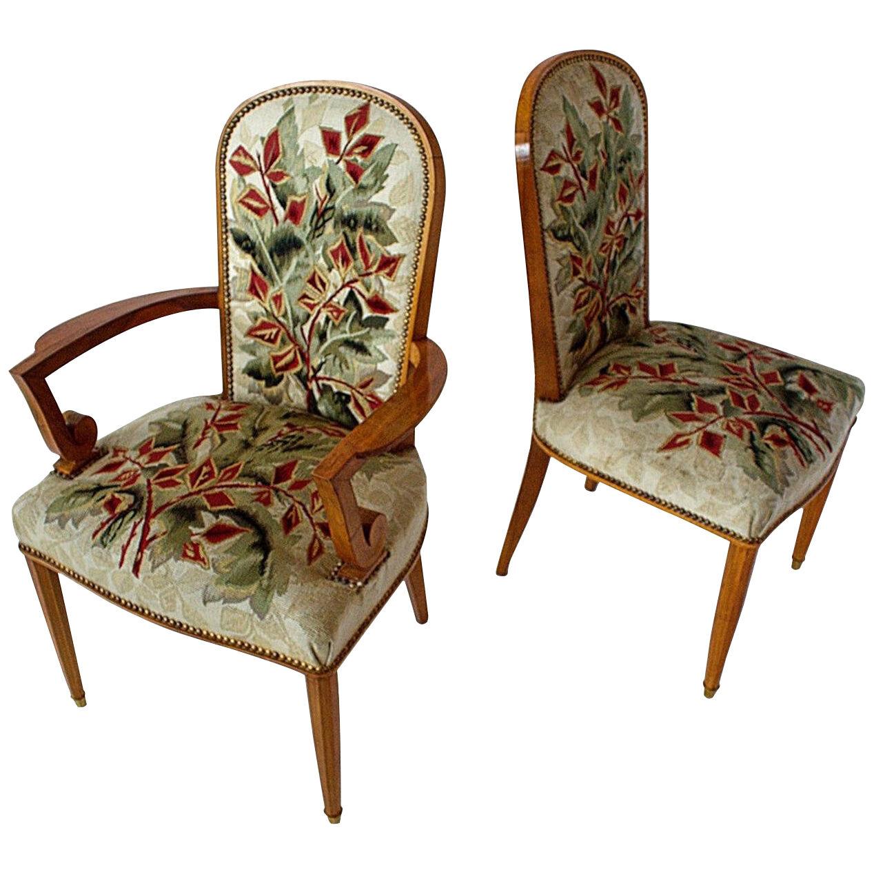 Superb Set of 12 French Modern Fruitwood & Tapestry Dining Chairs, Jules Leleu