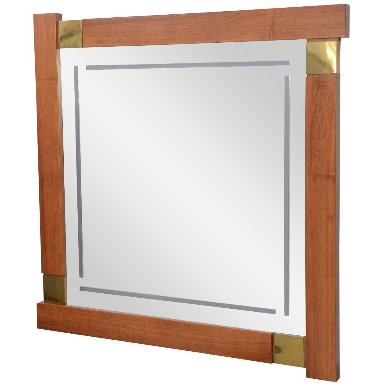 Large Italian Modern Walnut and Brass Mirror, Attributed to Giovanni Michelucci
