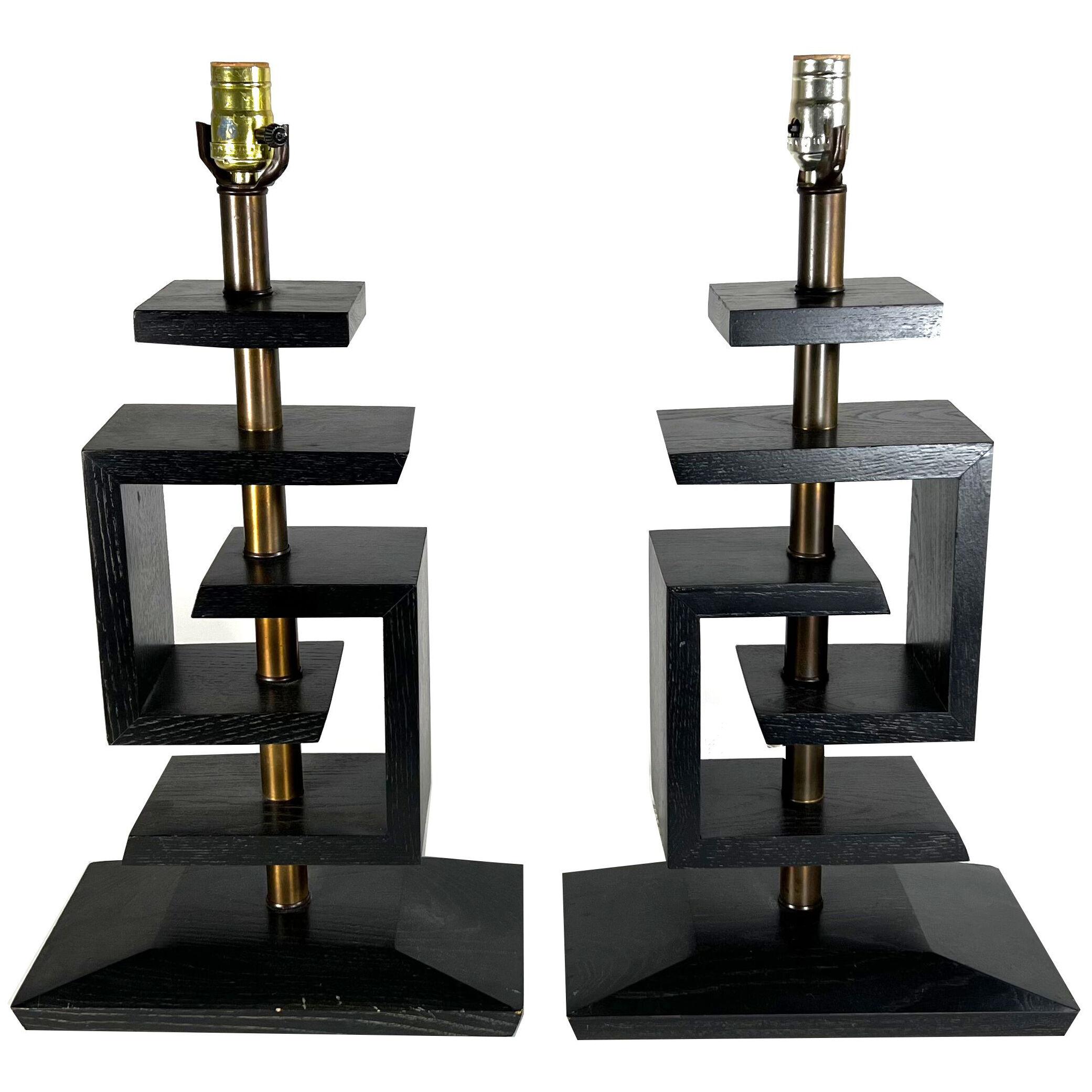 Pair Ebonised Wood and Brass Table Lamps, James Mont