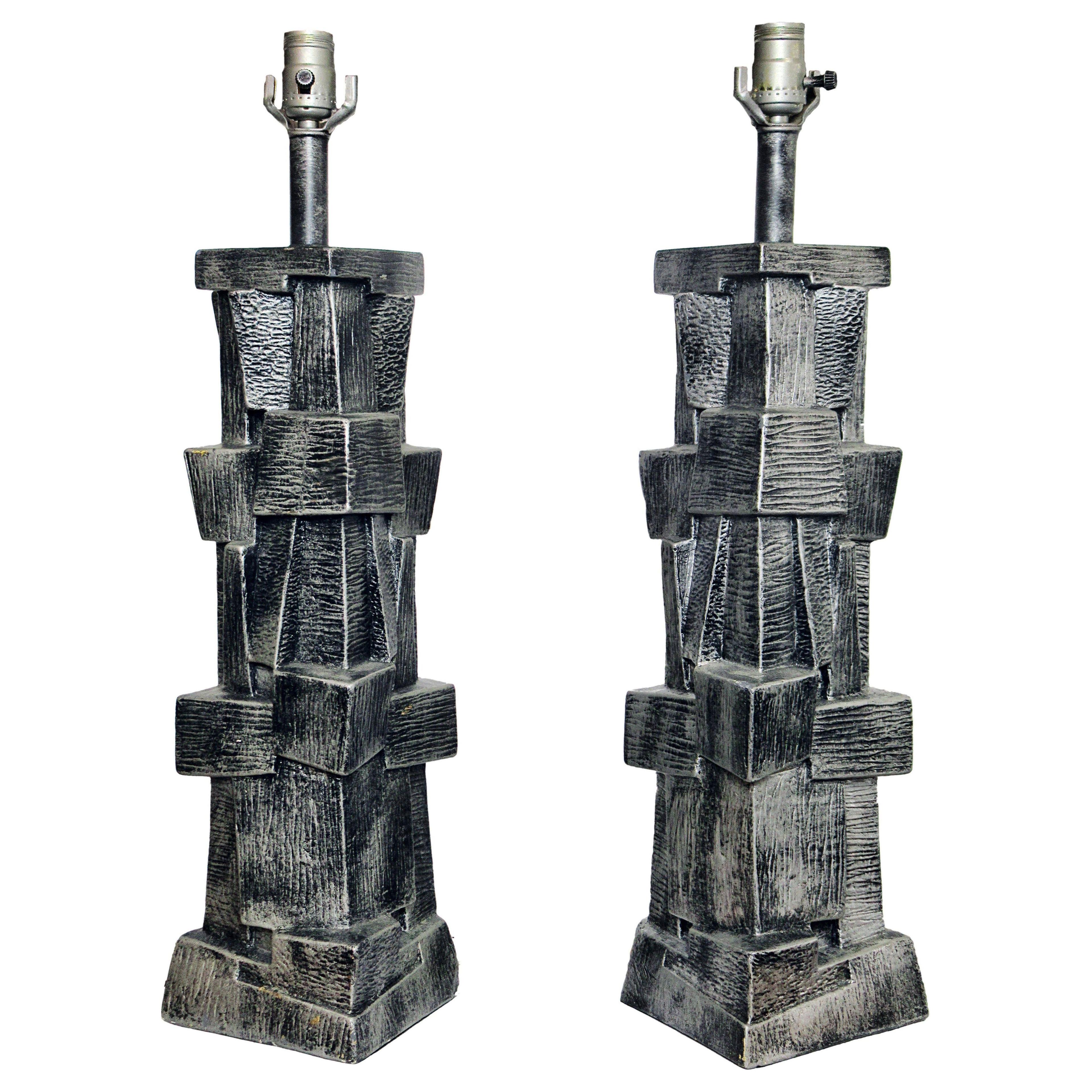 Pair of American Modern Glazed Ceramic Brutalist Table Lamps