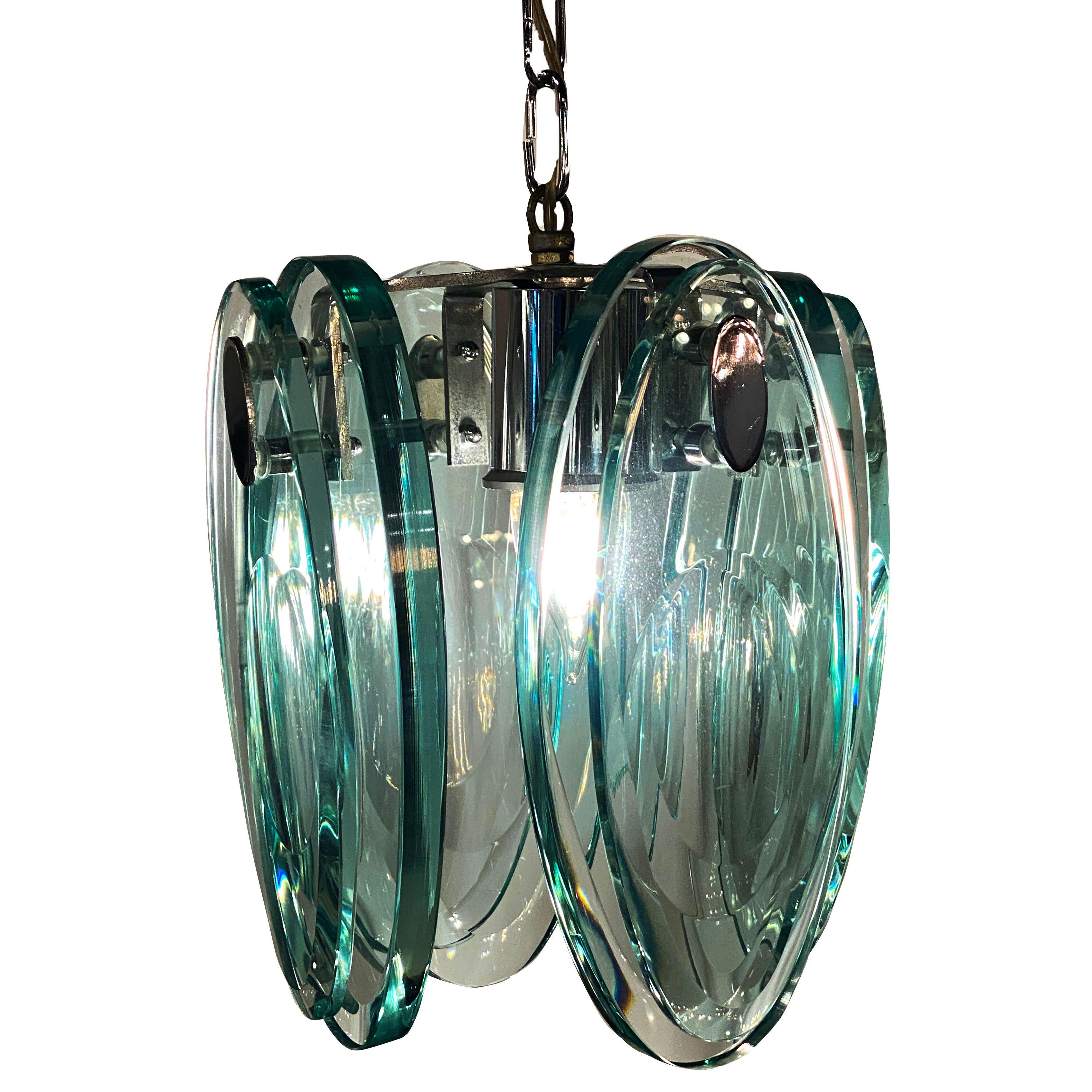Italian Modern Glass & Polished Nickel Chandelier, Max Ingrand for Fontana A