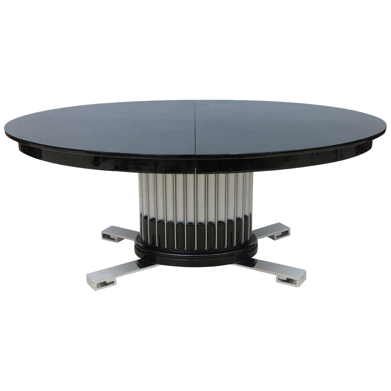 Black Lacquered, Chrome and Silver Leaf Extension Dining Table by Paul Frankl	