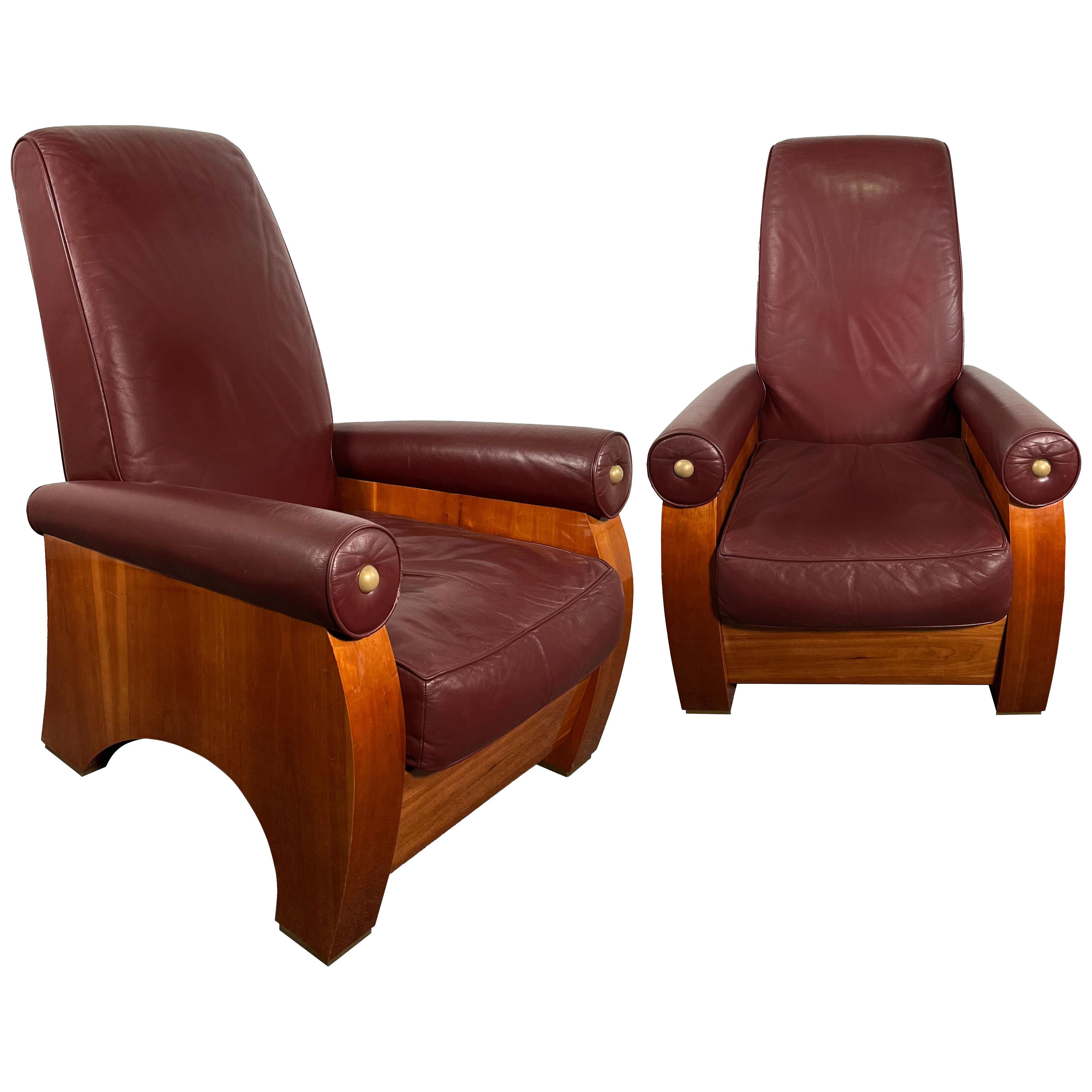 Pair American Modern High Back Mahogany and Leather Chairs, Pace Collection