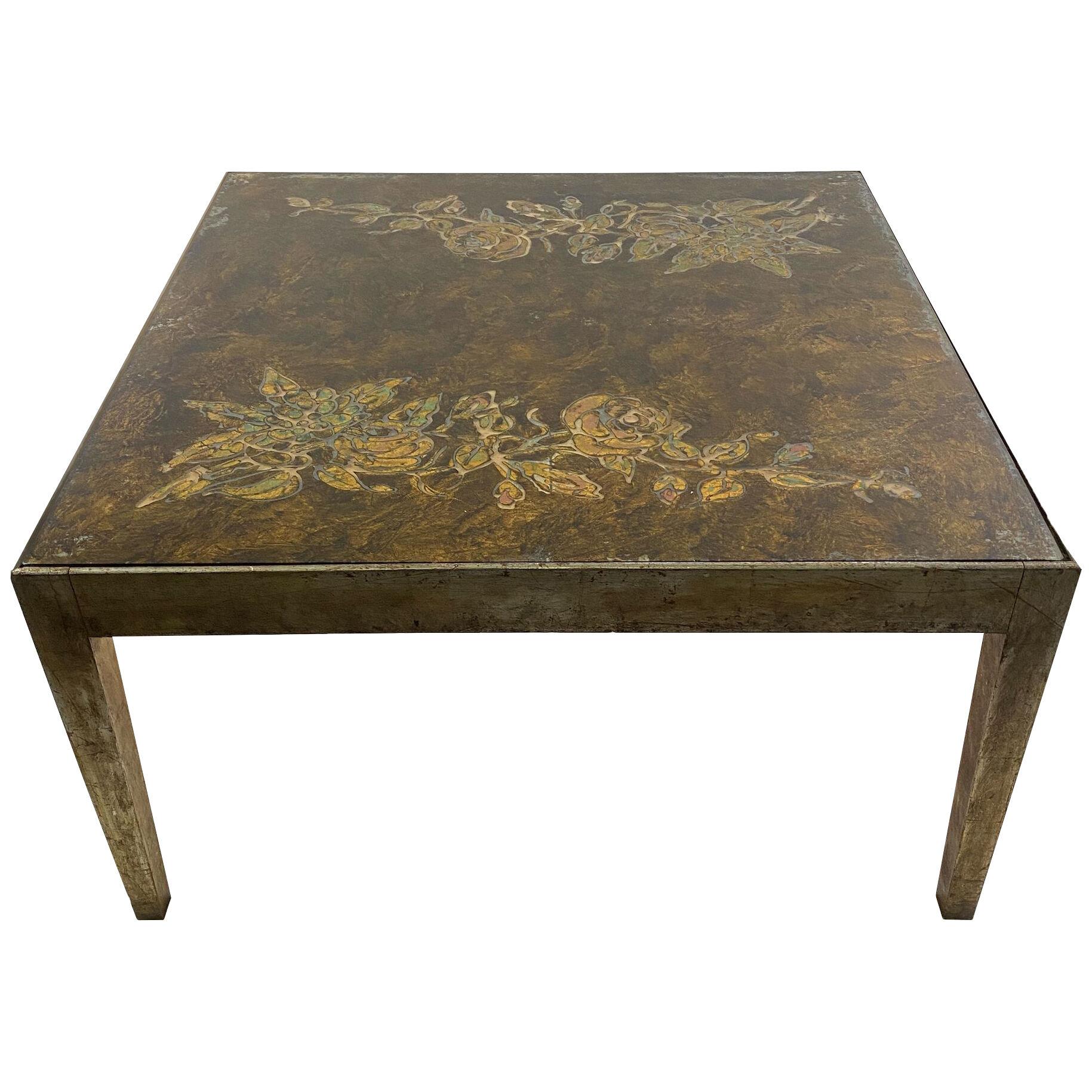 Italian Modern Silver Gilt and Eglomise' Glass Coffee Table, Max Ingrand