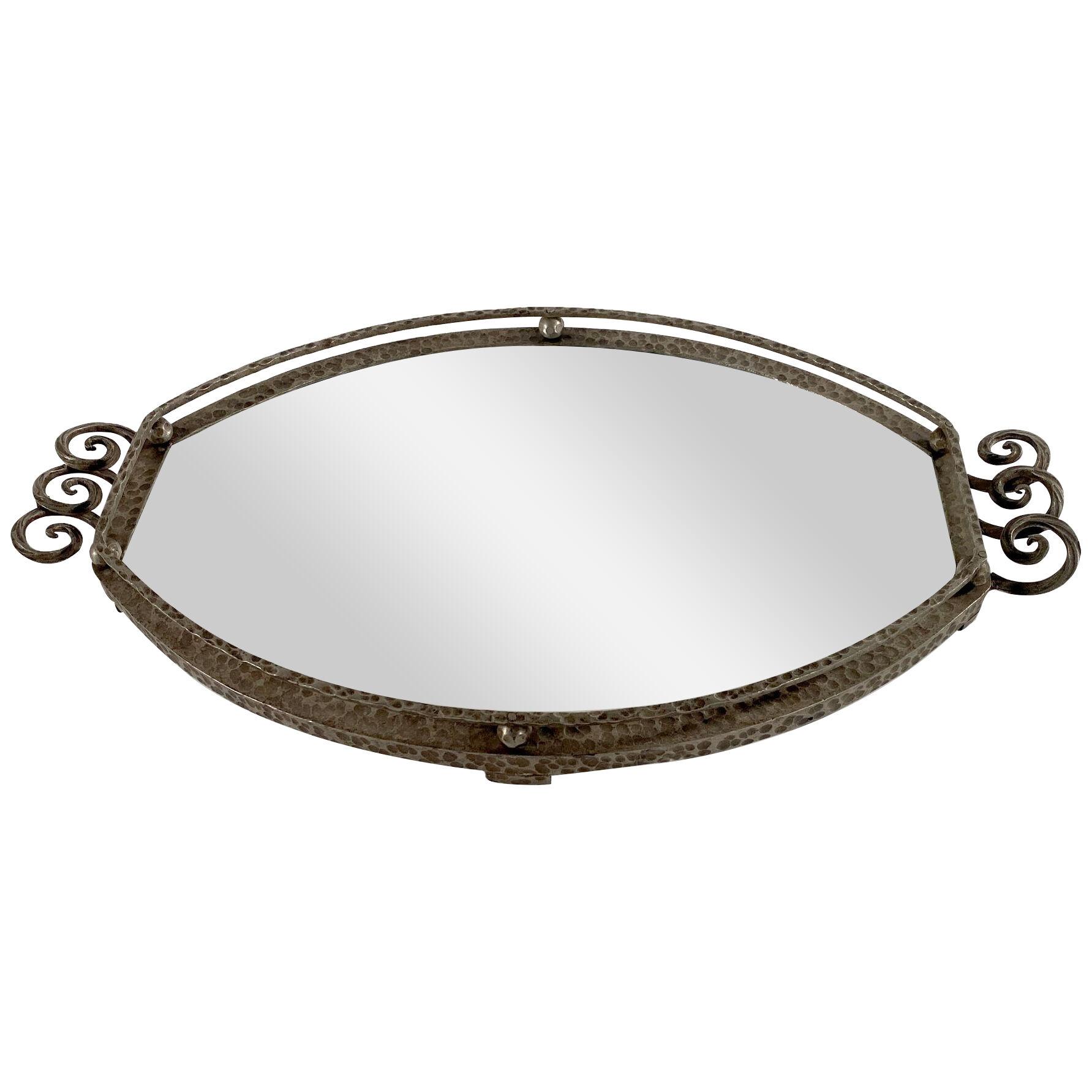 French Art Deco Hand Hammered Steel and Mirror Tray, Raymond Subes