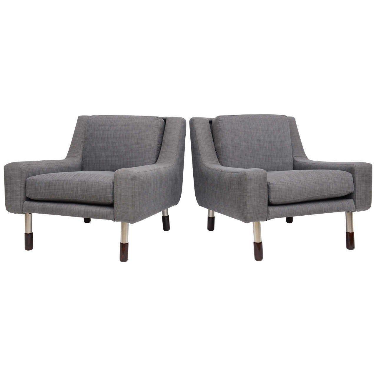 Pair of Modern Nickel Upholstered Italian Chairs, Gianfranco Frattini