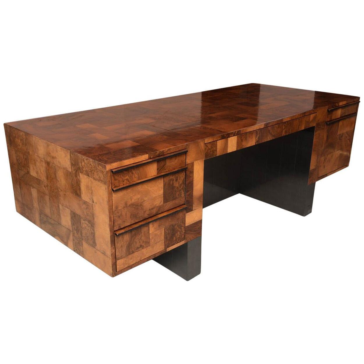 American Modern Burled Walnut and Pewter Cityscape Desk, Paul Evans