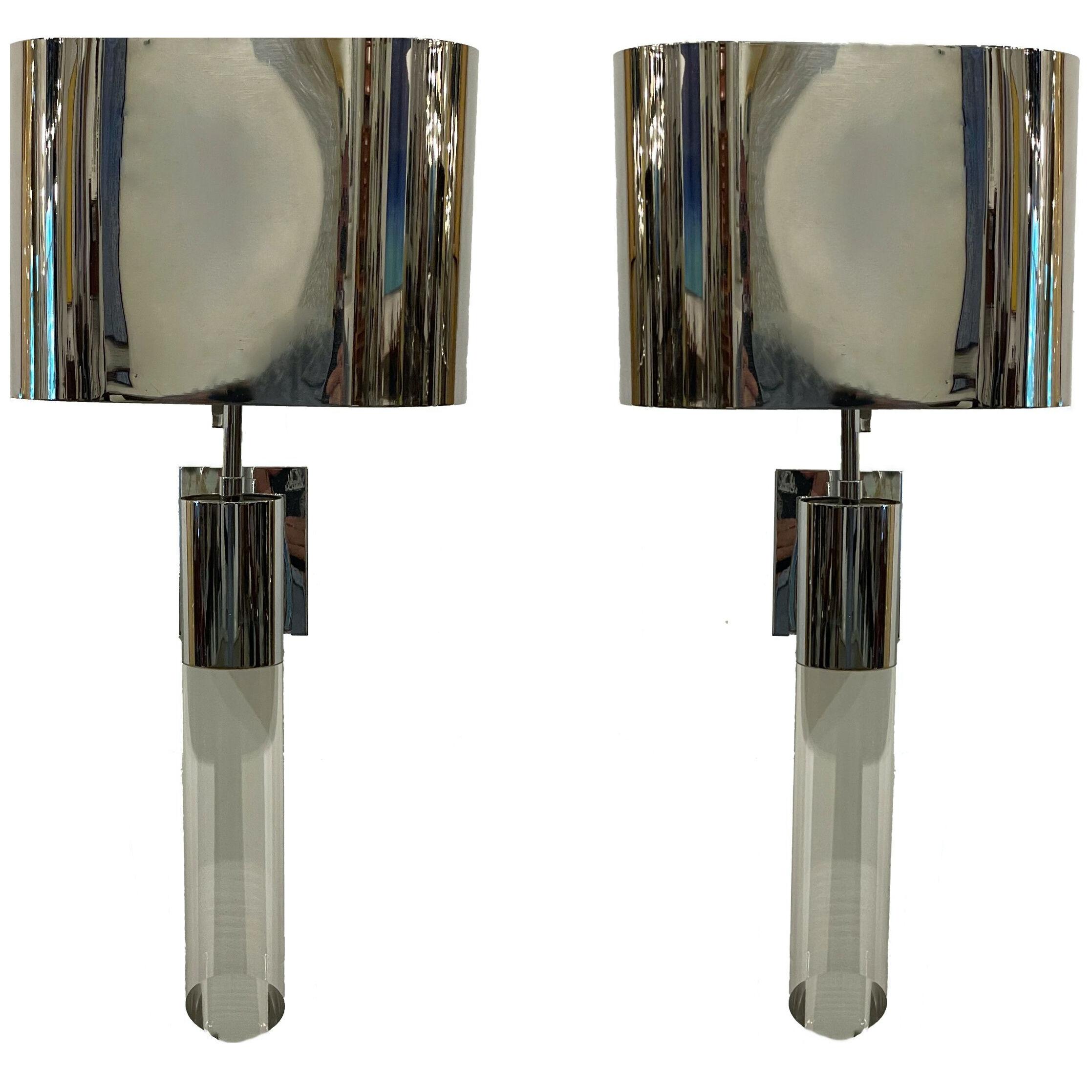 Fine Pair American Modern Polished Steel and Lucite Wall Lights, Karl Springer