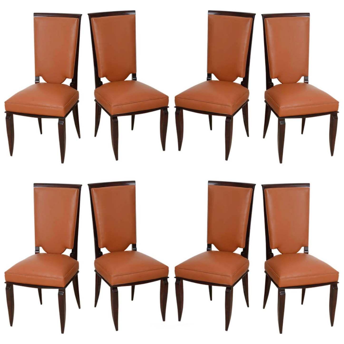 Fine Set of Eight Late Art Deco Ebony De Macassar Dining Chairs, Jules Leleu