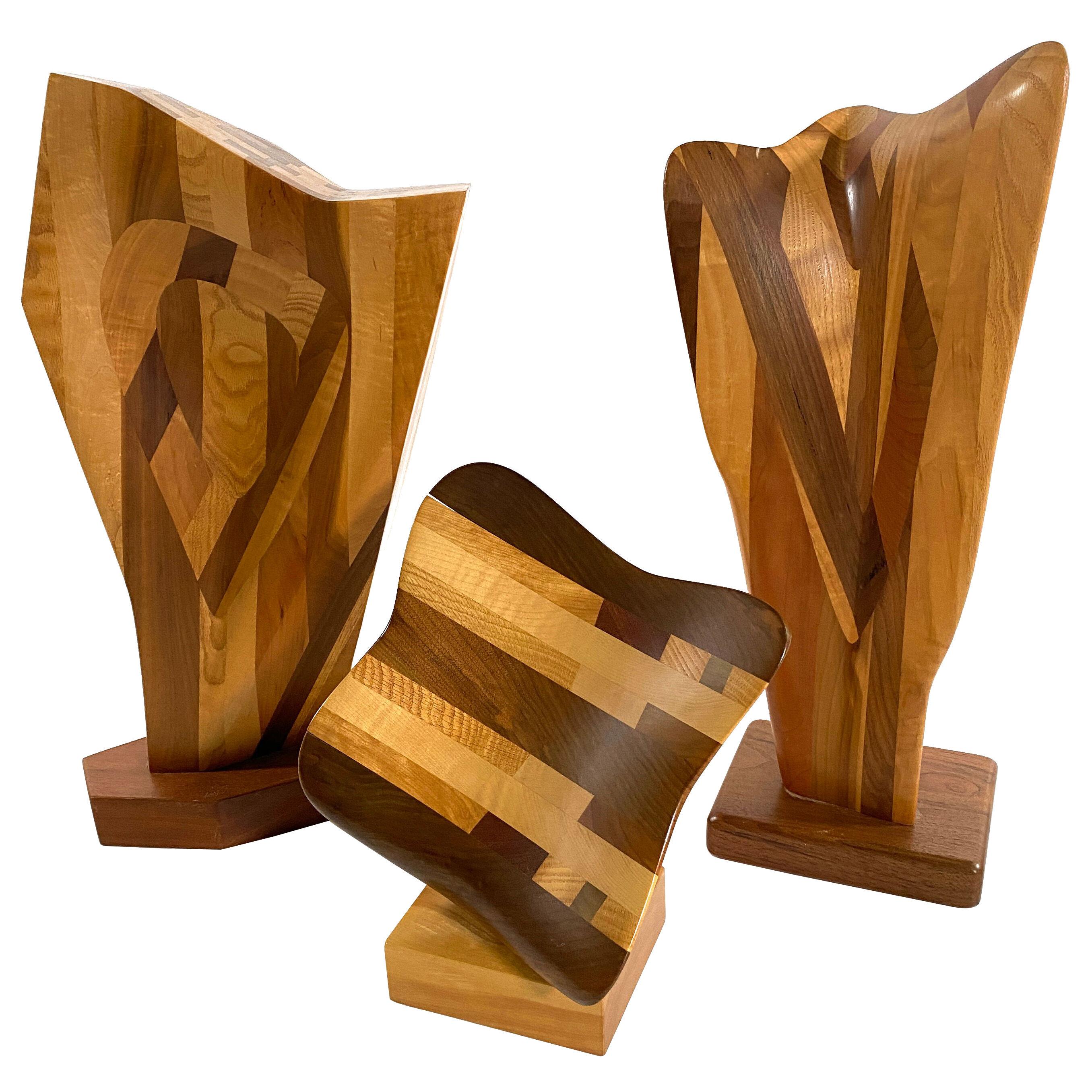 Set of 3 American Modern Abstract Mixed Exotic Wood Sculptures, Paul LaMontagne