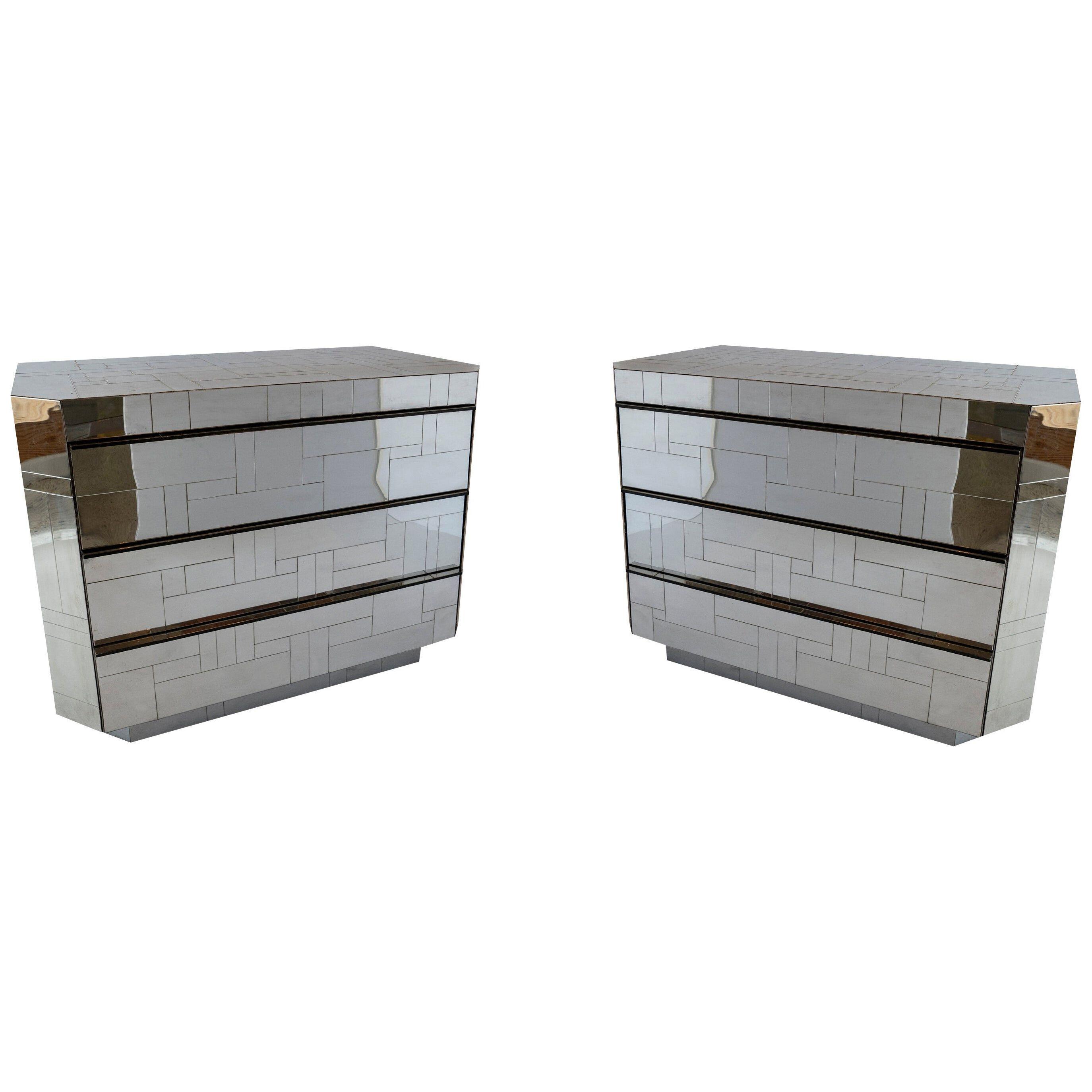 Pair of American Modern Polished Chrome Citiscape Chests, Paul Evans