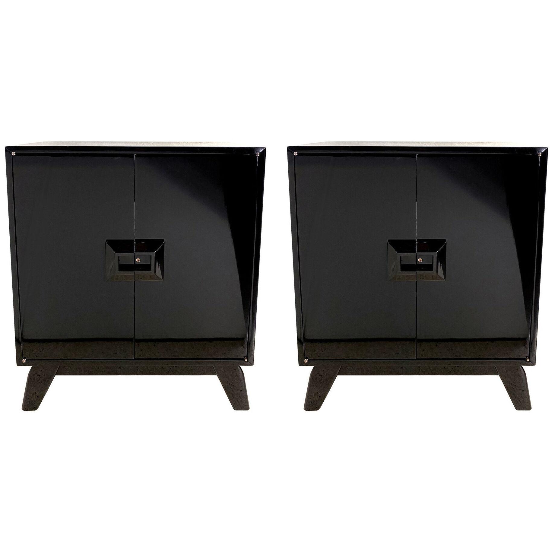 Pair of Italian Black Lacquer Modern Cabinets, Renzo Rutili