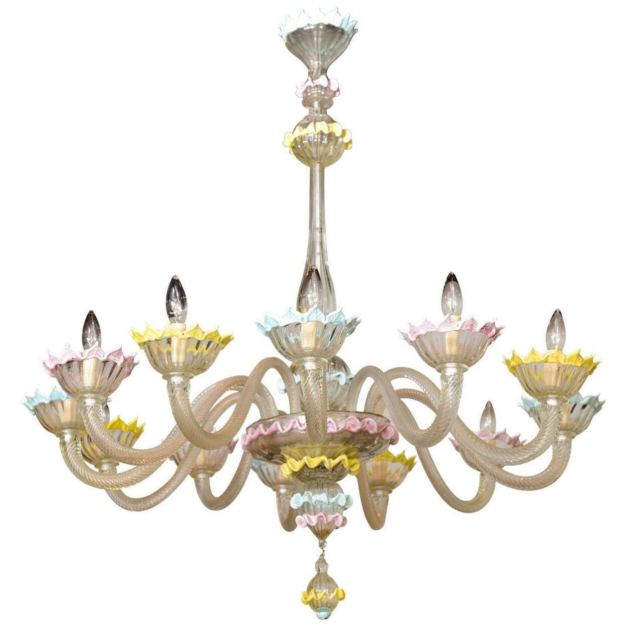 Fine Pair of Barovier & Toso Clear and Colored Glass 12-Light Chandeliers, 1
