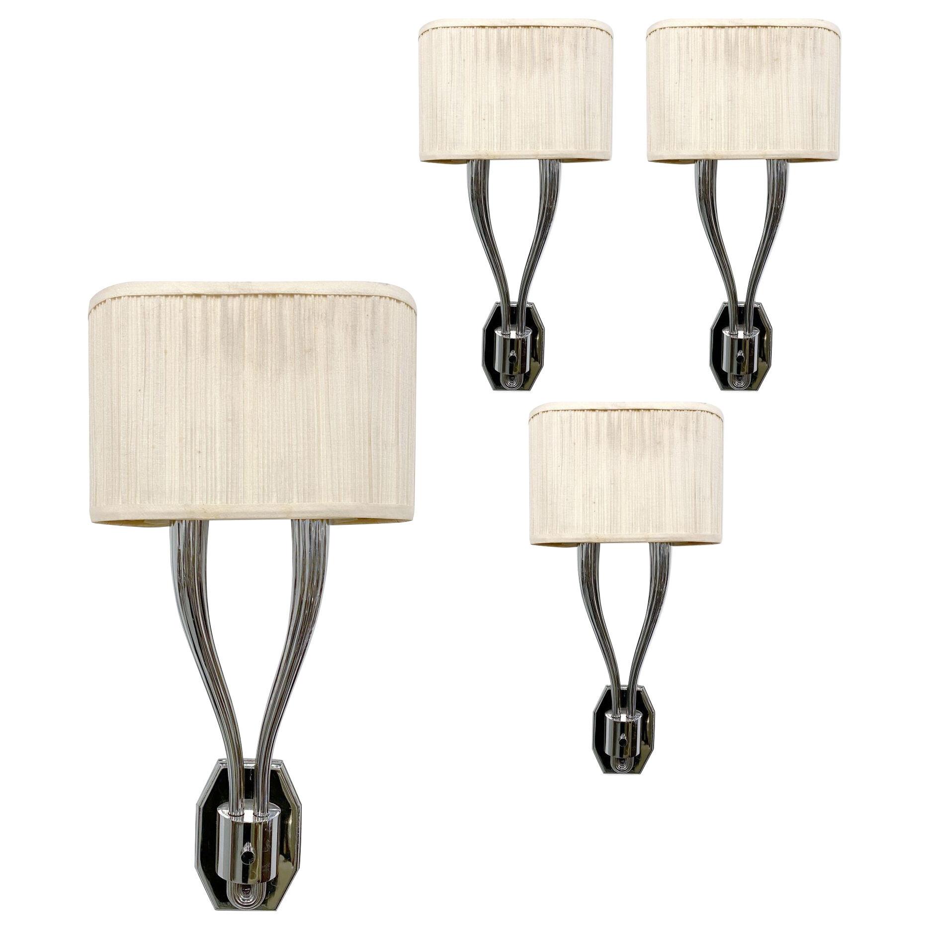 Set of 4, Nickel-Plated Two-Light Sconces, in the Manner of Ruhlman