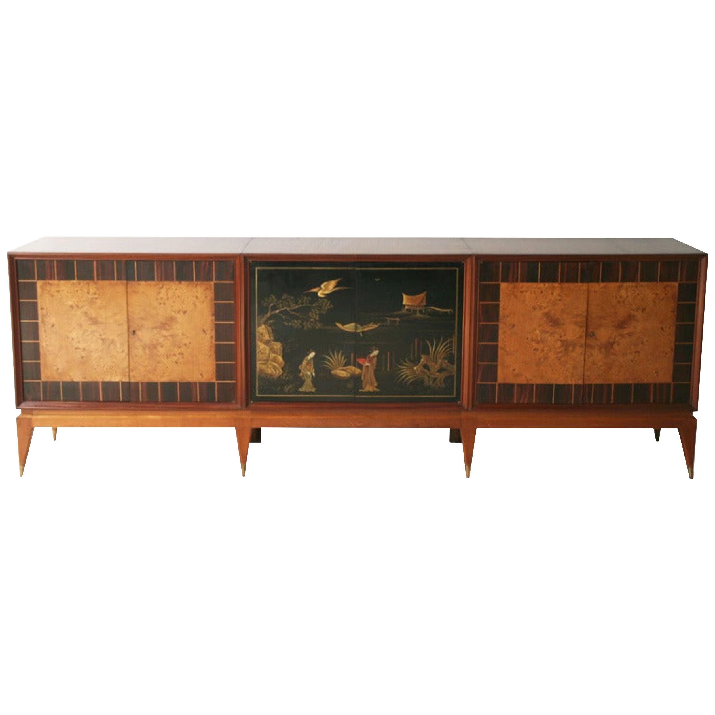Superb Italian Six-Door Mixed Wood and Chinoiserie Buffet