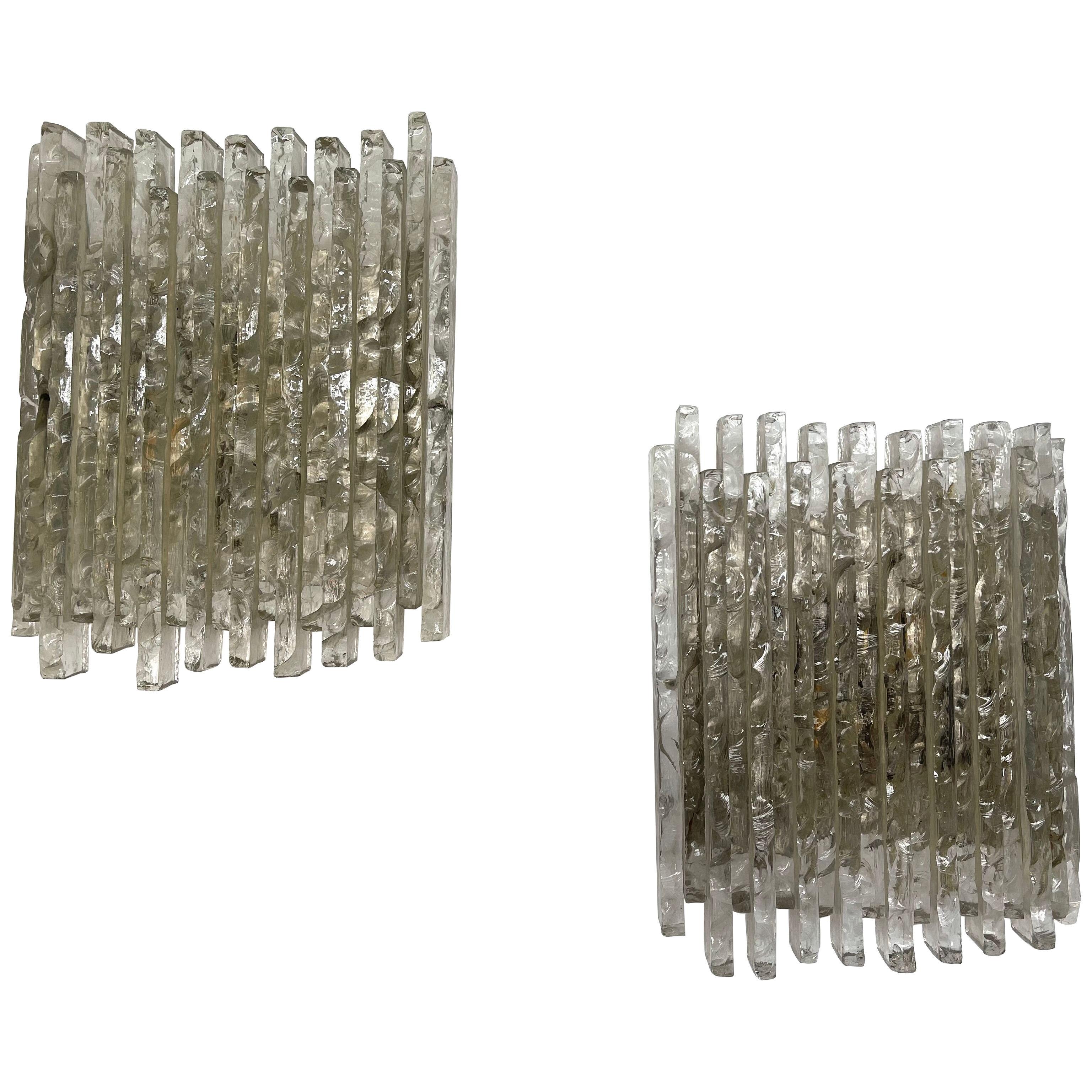 Pair of Hammered Glass Ice Sconces by Poliarte, Italy, 1970s