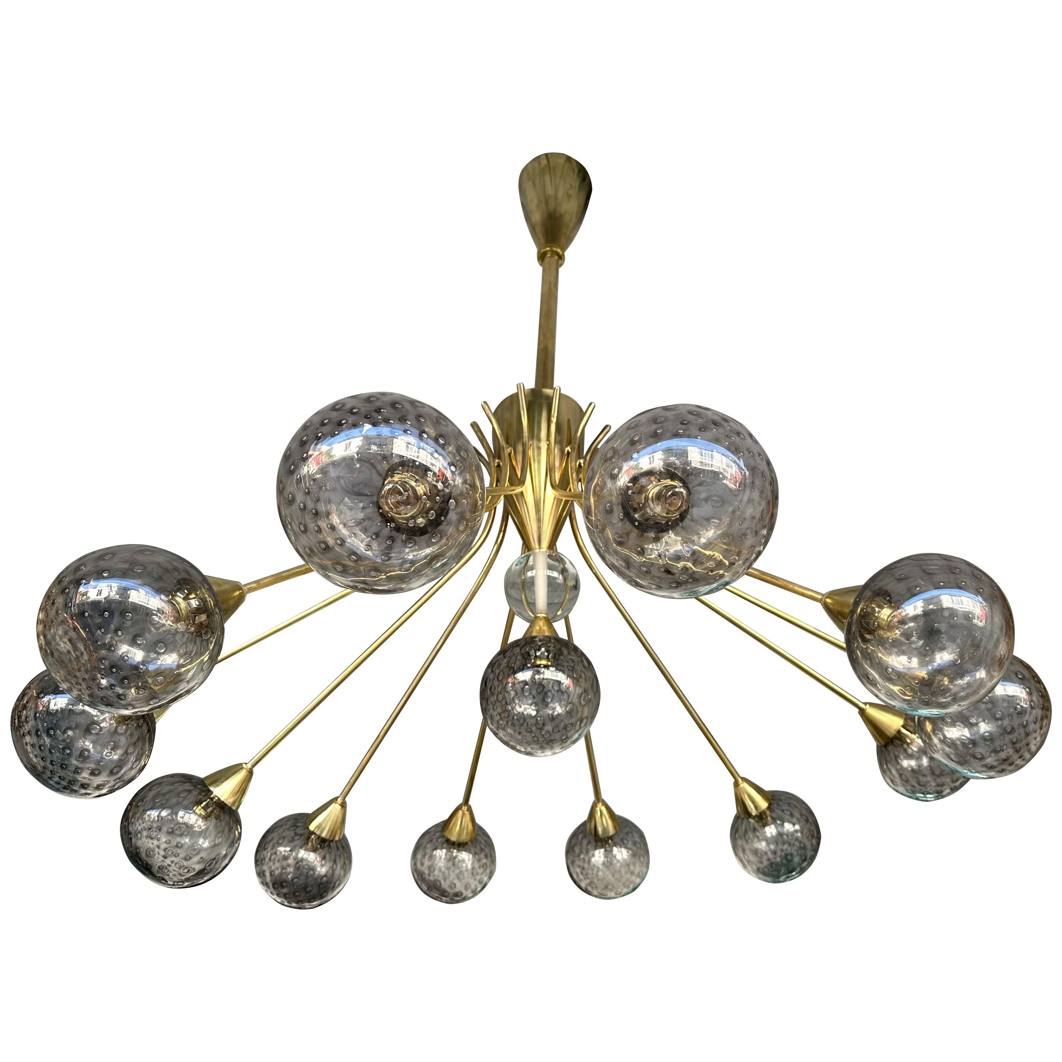 Large Contemporary Brass Chandelier Grey Bubble Murano Glass Ball, Italy