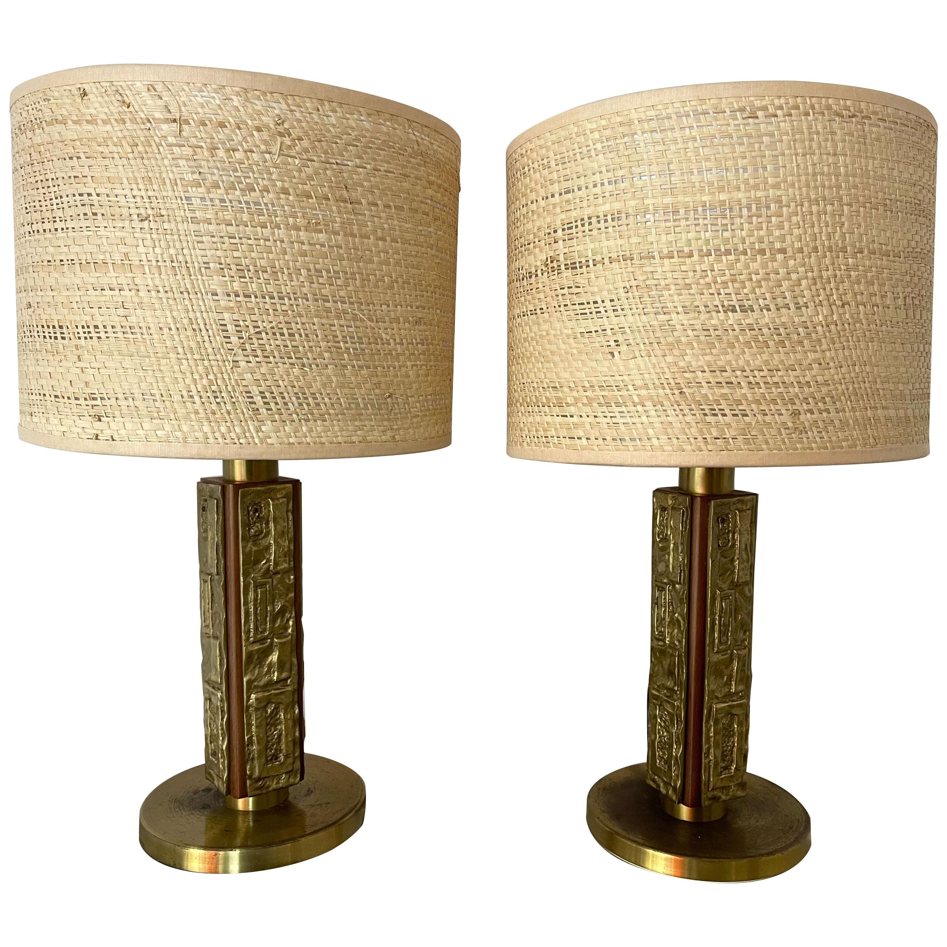 Pair of Brass and Wood Sculpture Lamps by Angelo Brotto for Esperia. Italy 1970s
