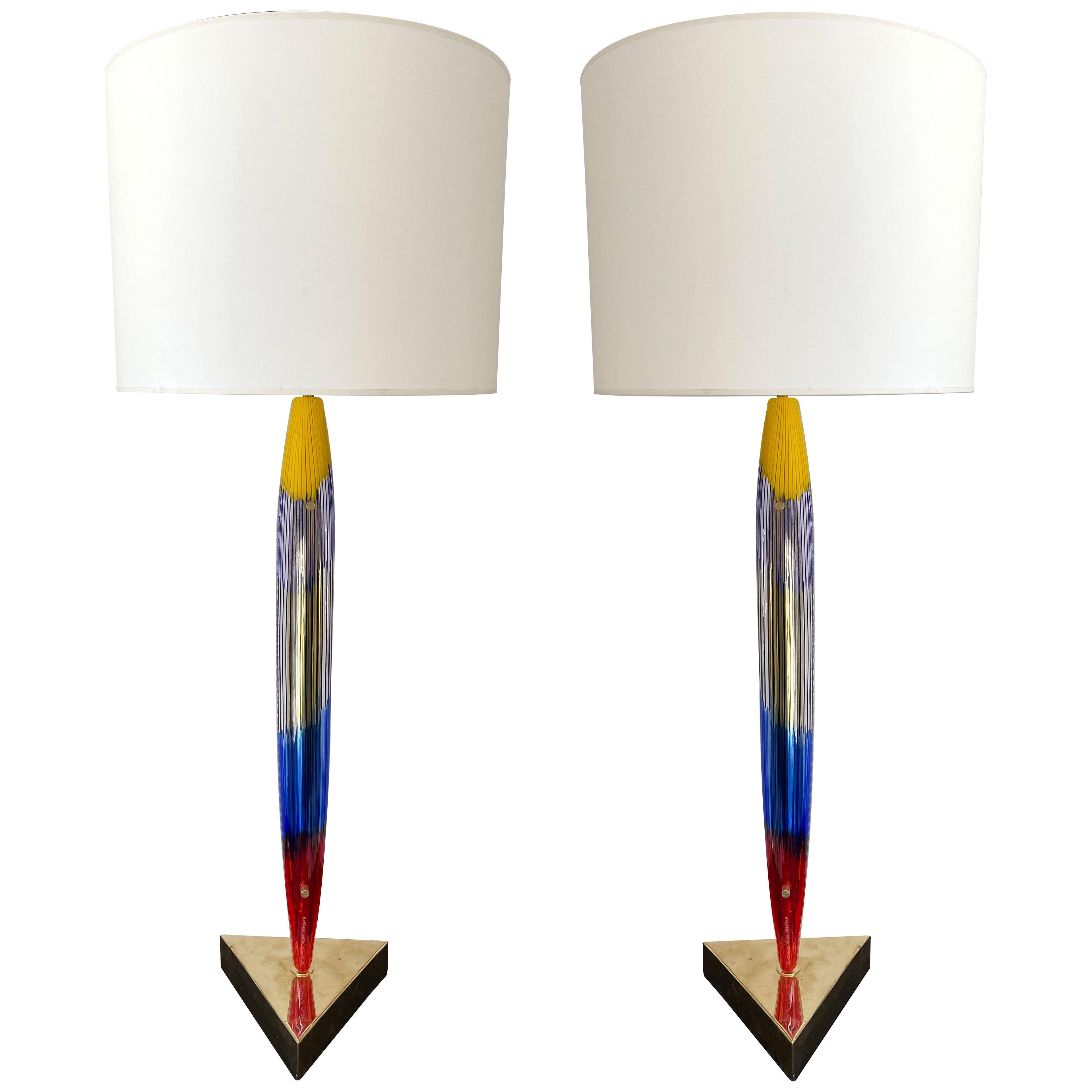 Contemporary Pair of Brass Murano Glass Plume Lamps, Italy