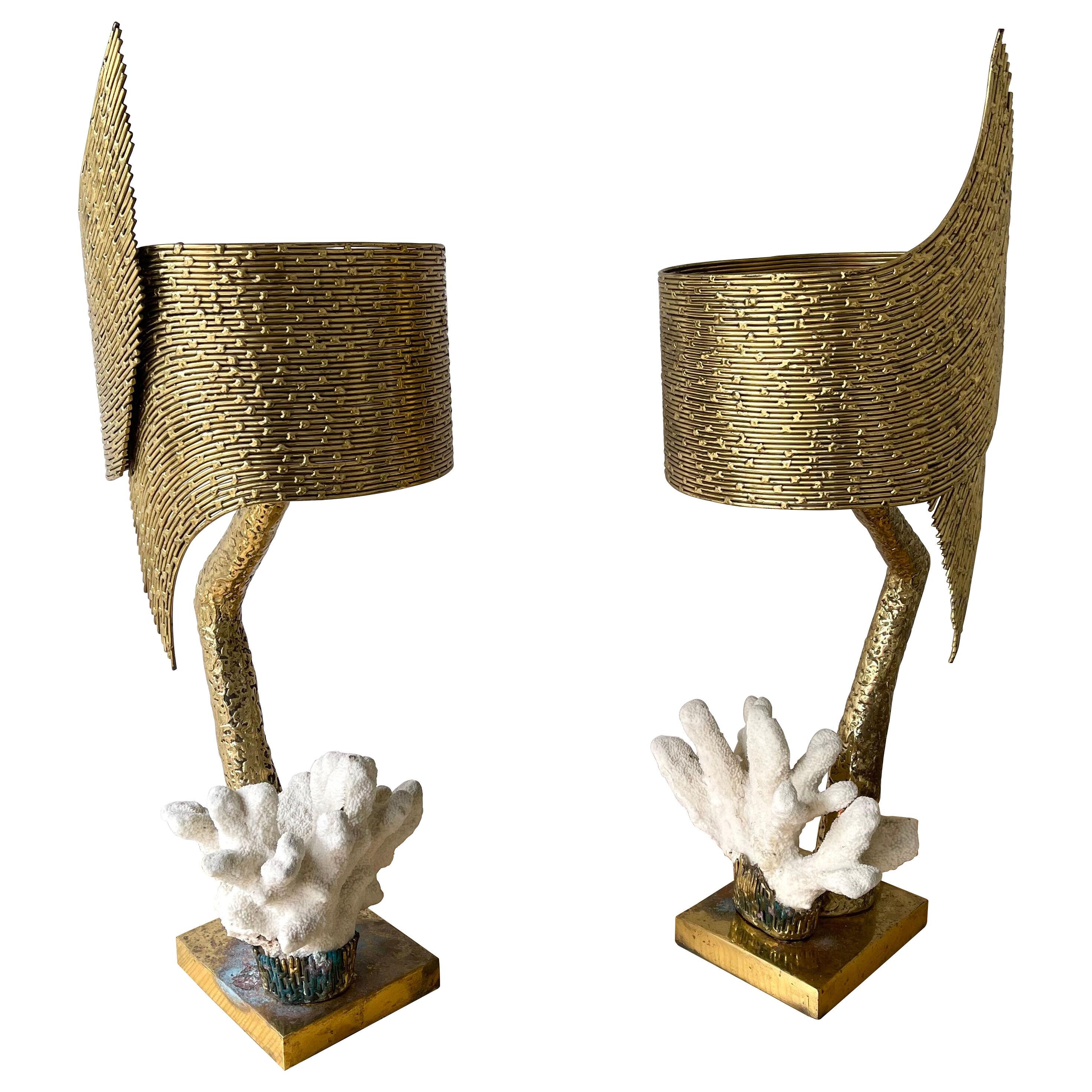 Pair of Brass and Coral Lamps by Jacques Duval Brasseur. France, 1970s