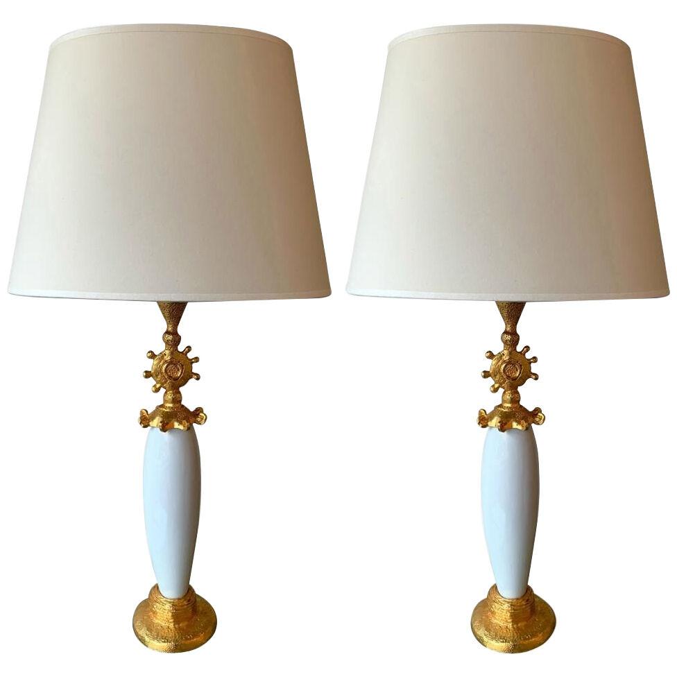Pair of Sun Lamps Ceramic Gilt Metal by Pierre Casenove for Fondica