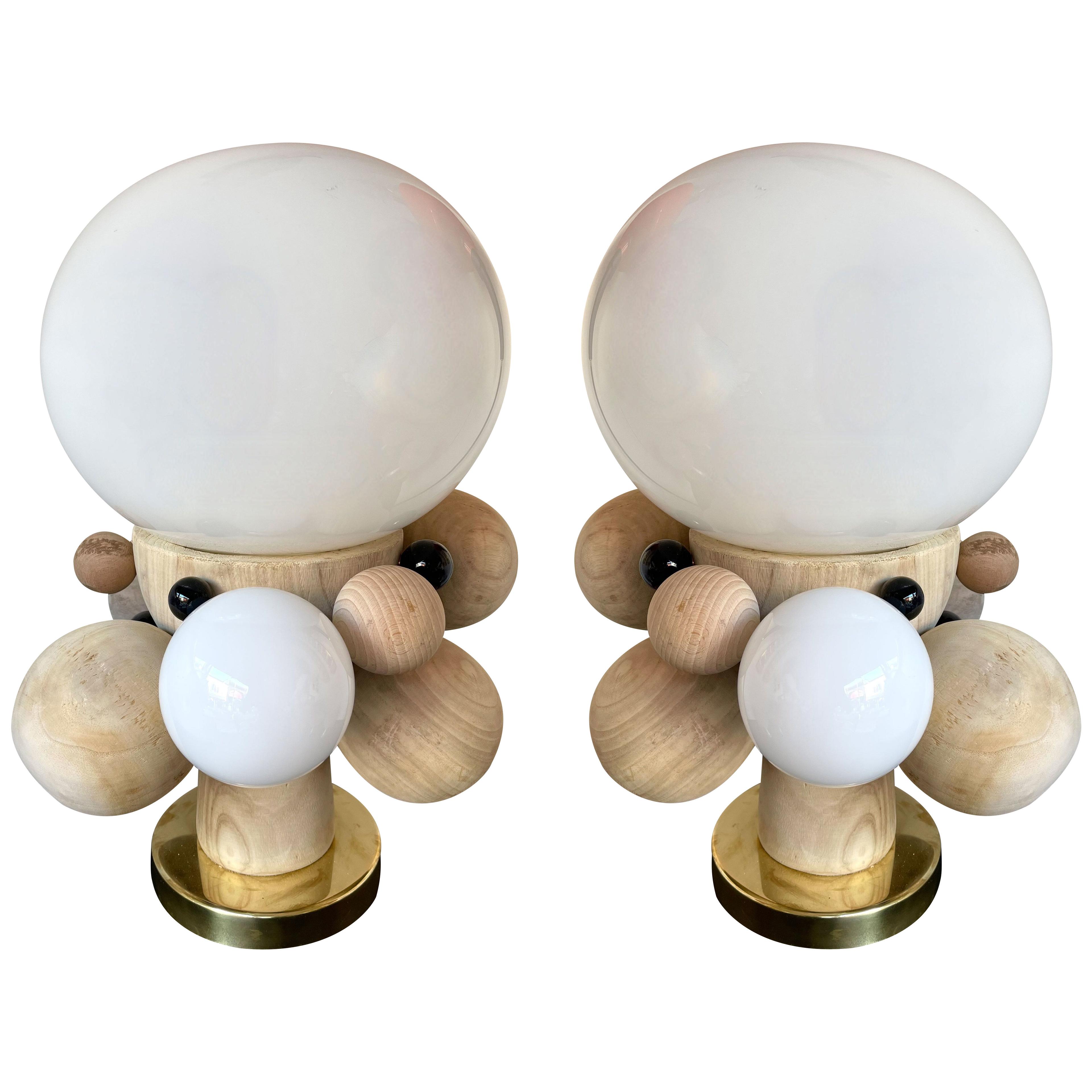 Contemporary Pair of Brass Opaline Murano Glass and Wood Atomo Lamps, Italy