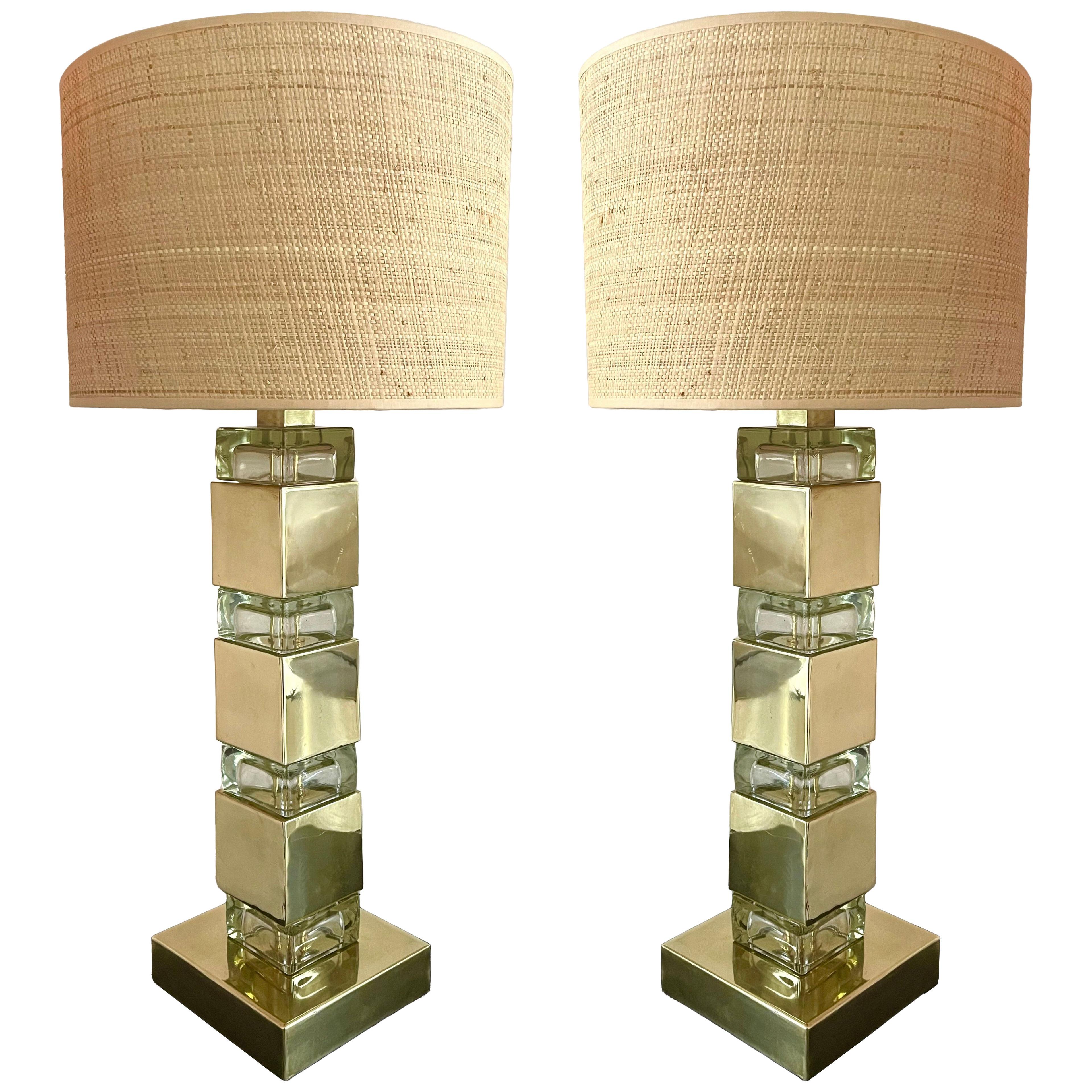 Contemporary Pair of Lamps Brass Column Cube Murano Glass, Italy