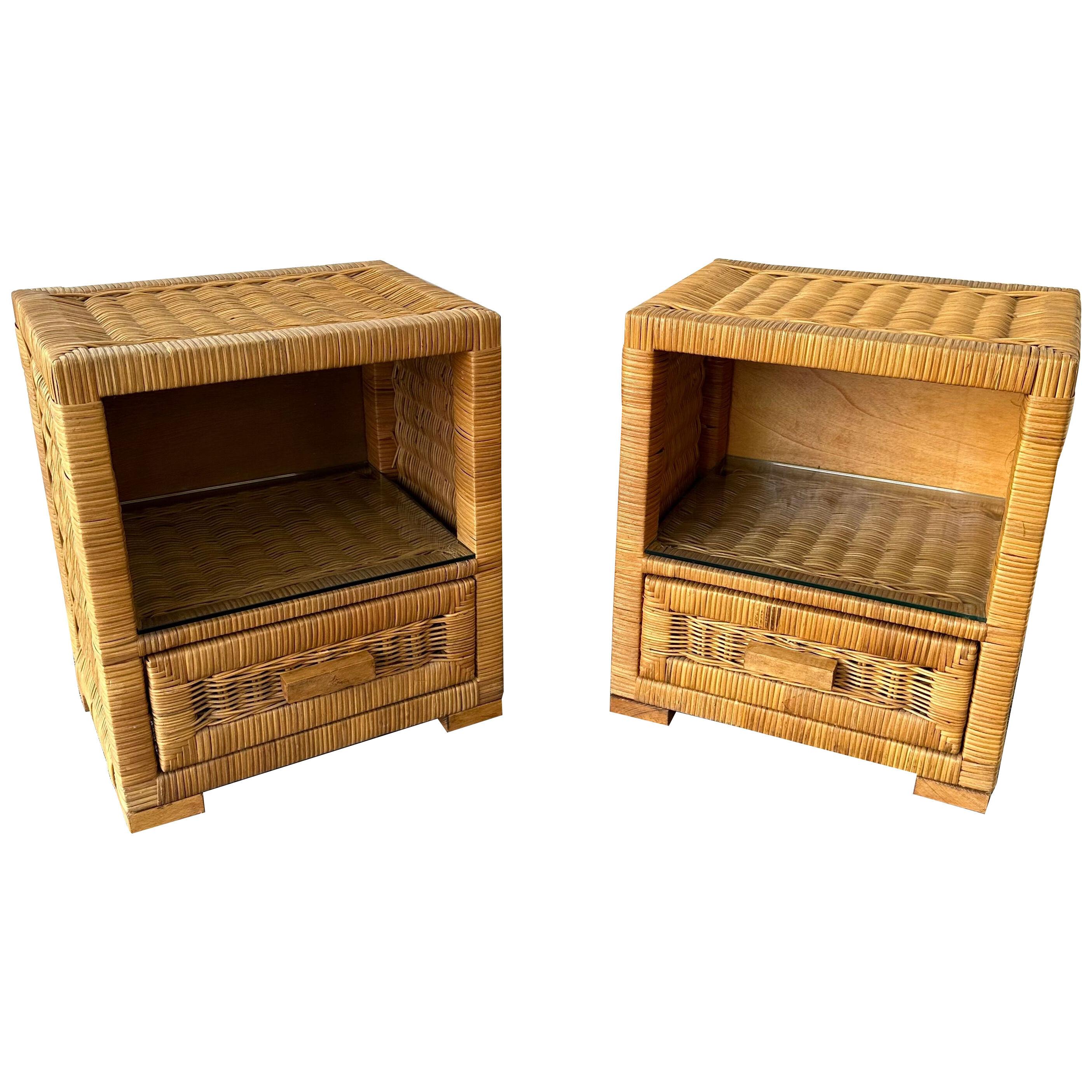Pair of Rattan Bedside Tables by Tito Agnoli, Italy, 1970s