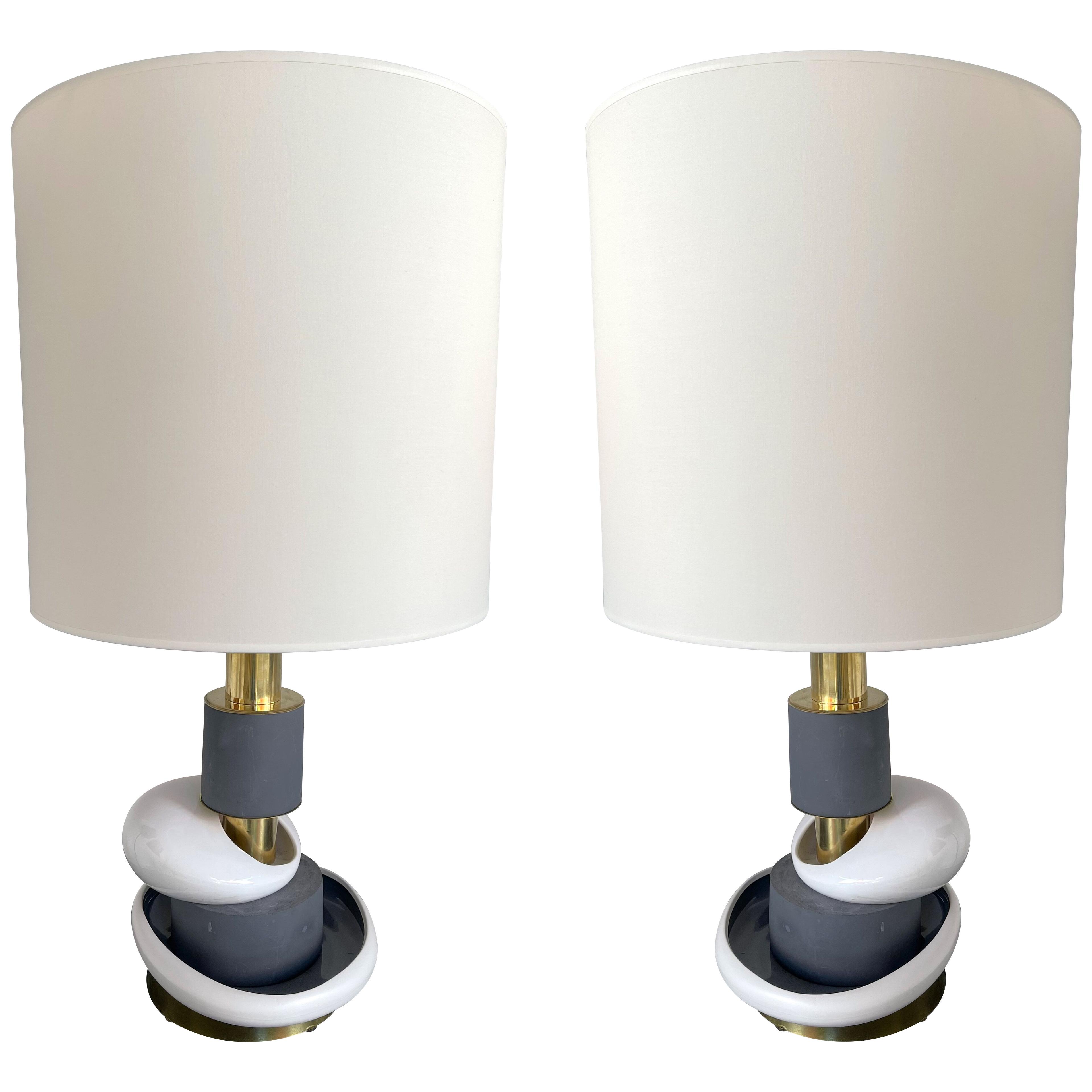 Contemporary Pair of Sculptural Brass Ceramic Stone Lamps, Italy