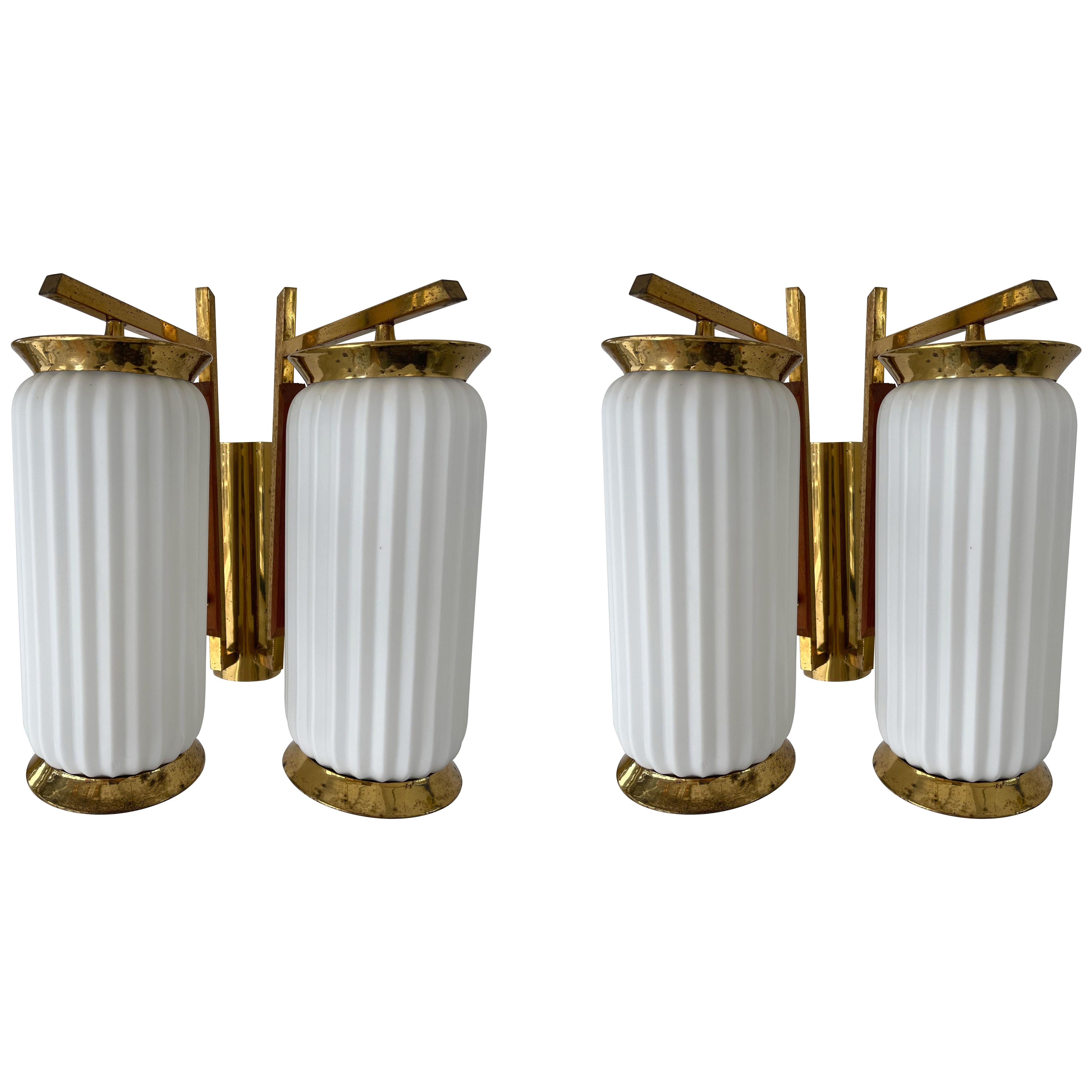 Mid-Century Modern Pair of Brass and Opaline Glass Barrel Sconces. Italy, 1950s