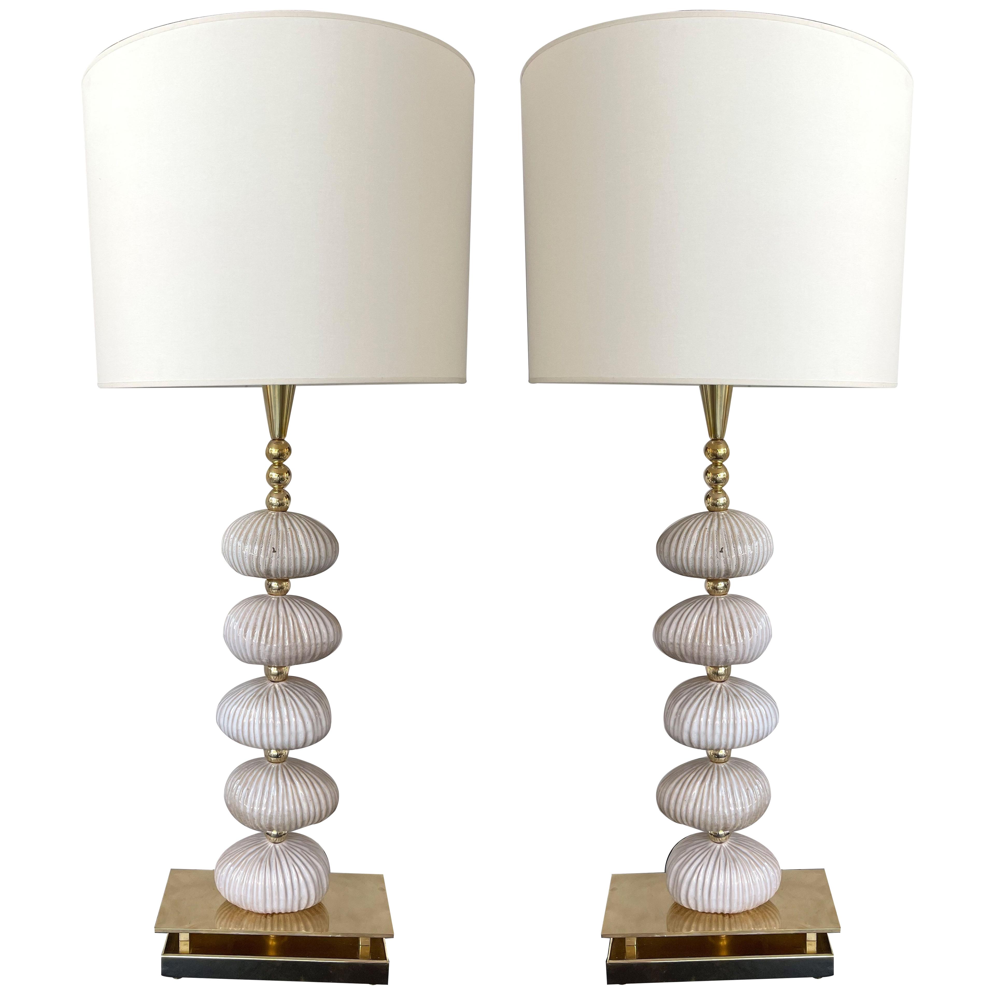 Contemporary Pair of Brass and Ceramic Lamps, Italy