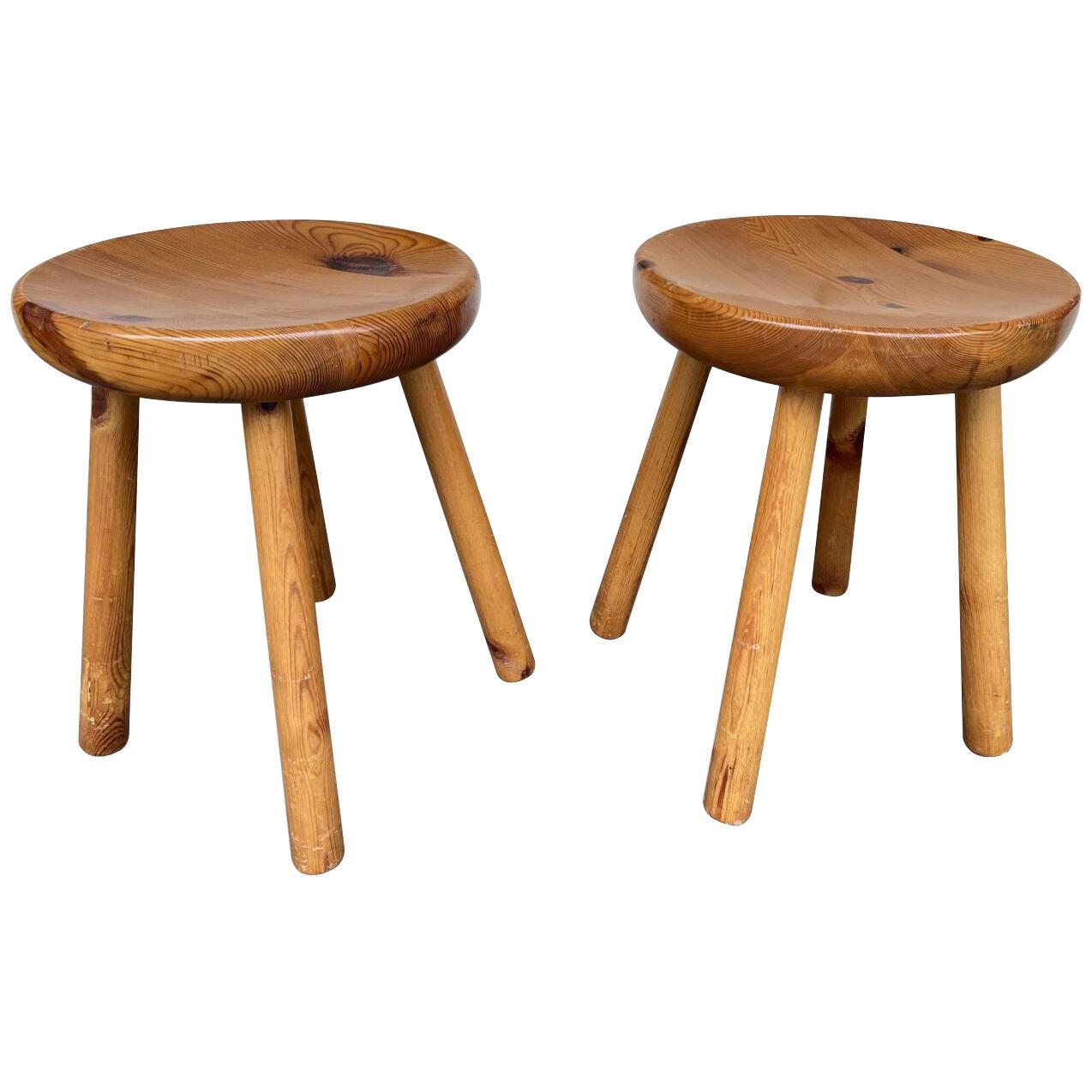 Pair of Pine Stool Attributed to Charlotte Perriand, France, 1960s