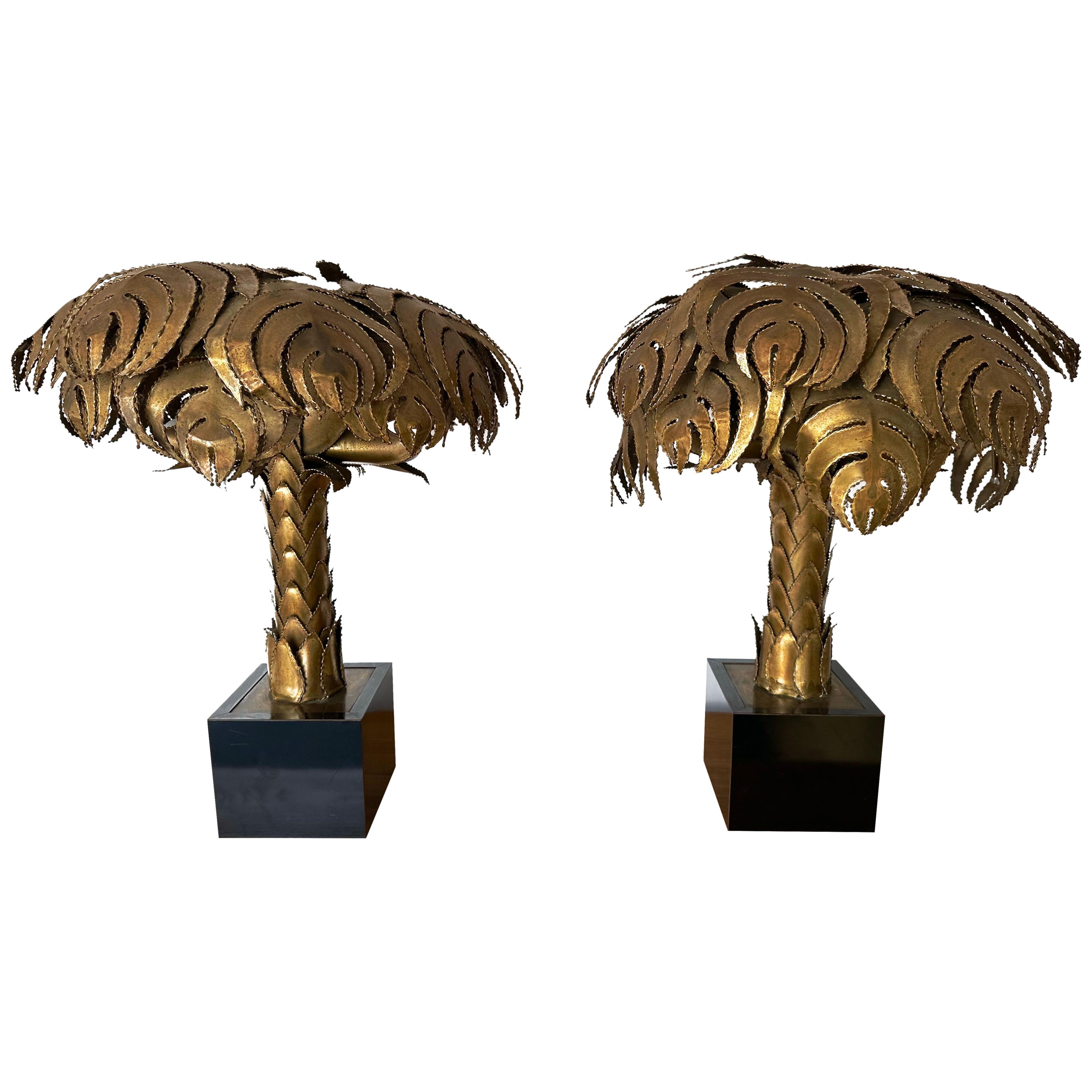 Pair of Brass Palm Tree Lamps by Maison Jansen, France, 1970s
