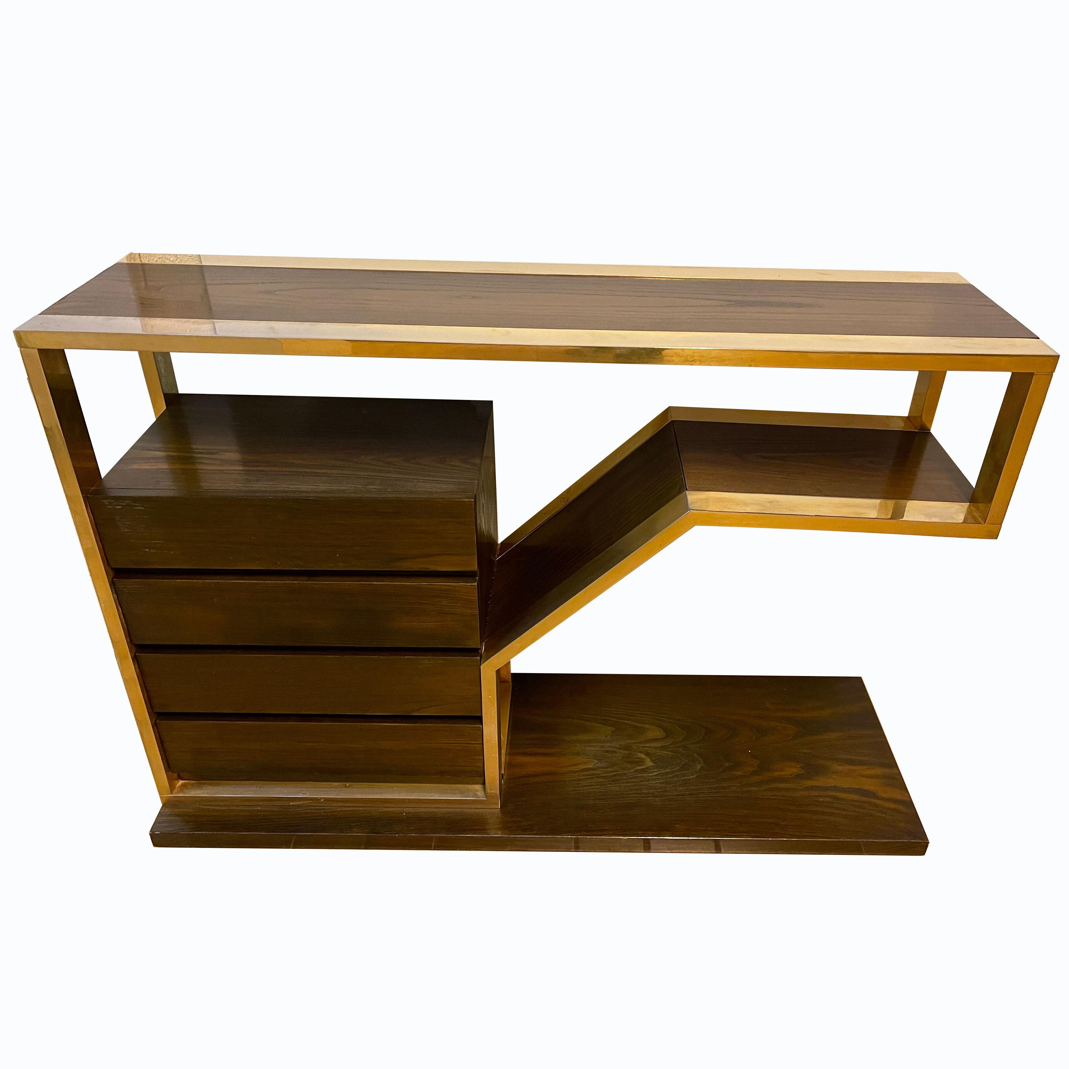 Wood and Brass Console with Drawers. Italy, 1970s