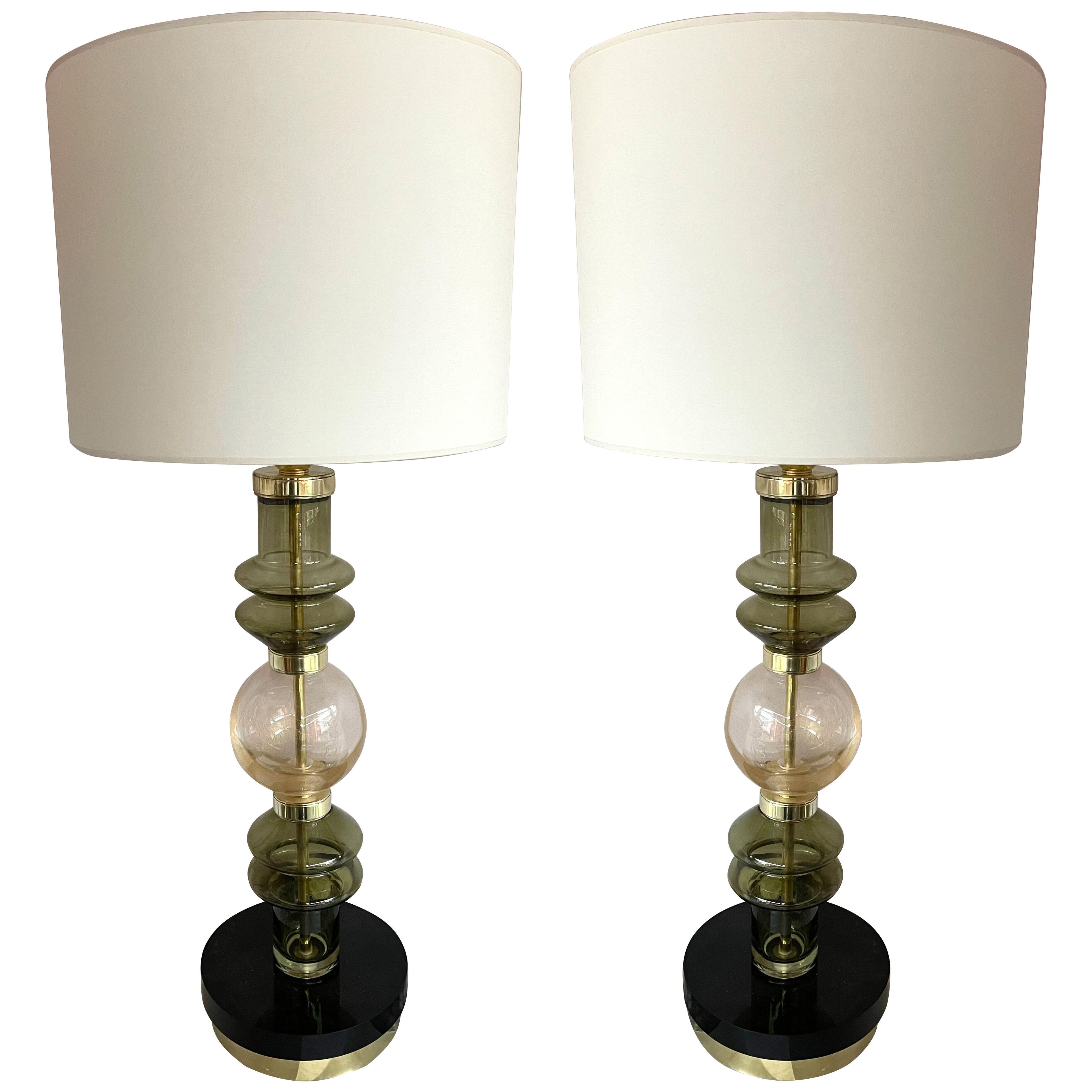 Contemporary Pair of Brass Murano Glass Lamps, Italy
