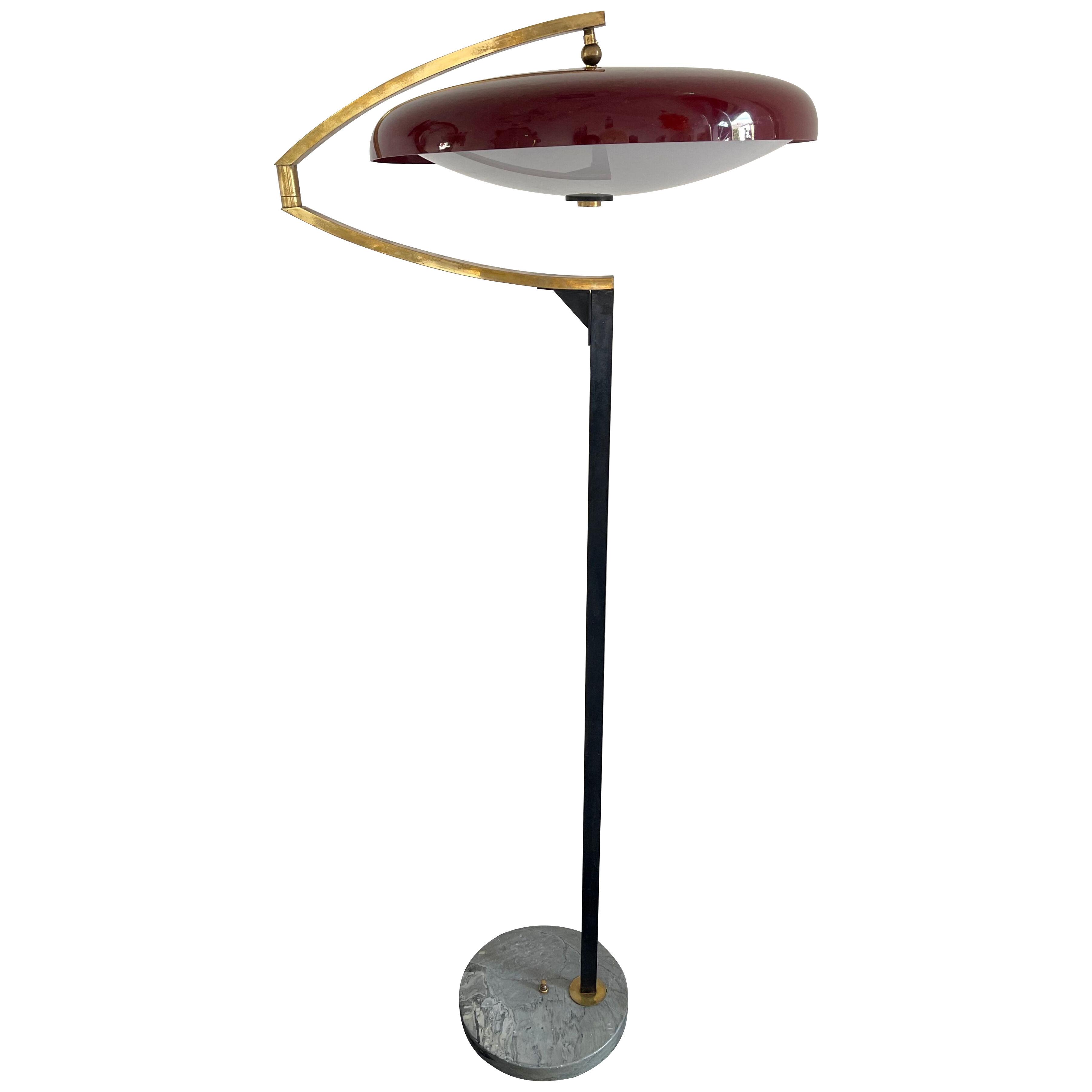 Mid-Century Reading Floor Lamp Brass Red Perspex by Stilux Milano, Italy, 1950s