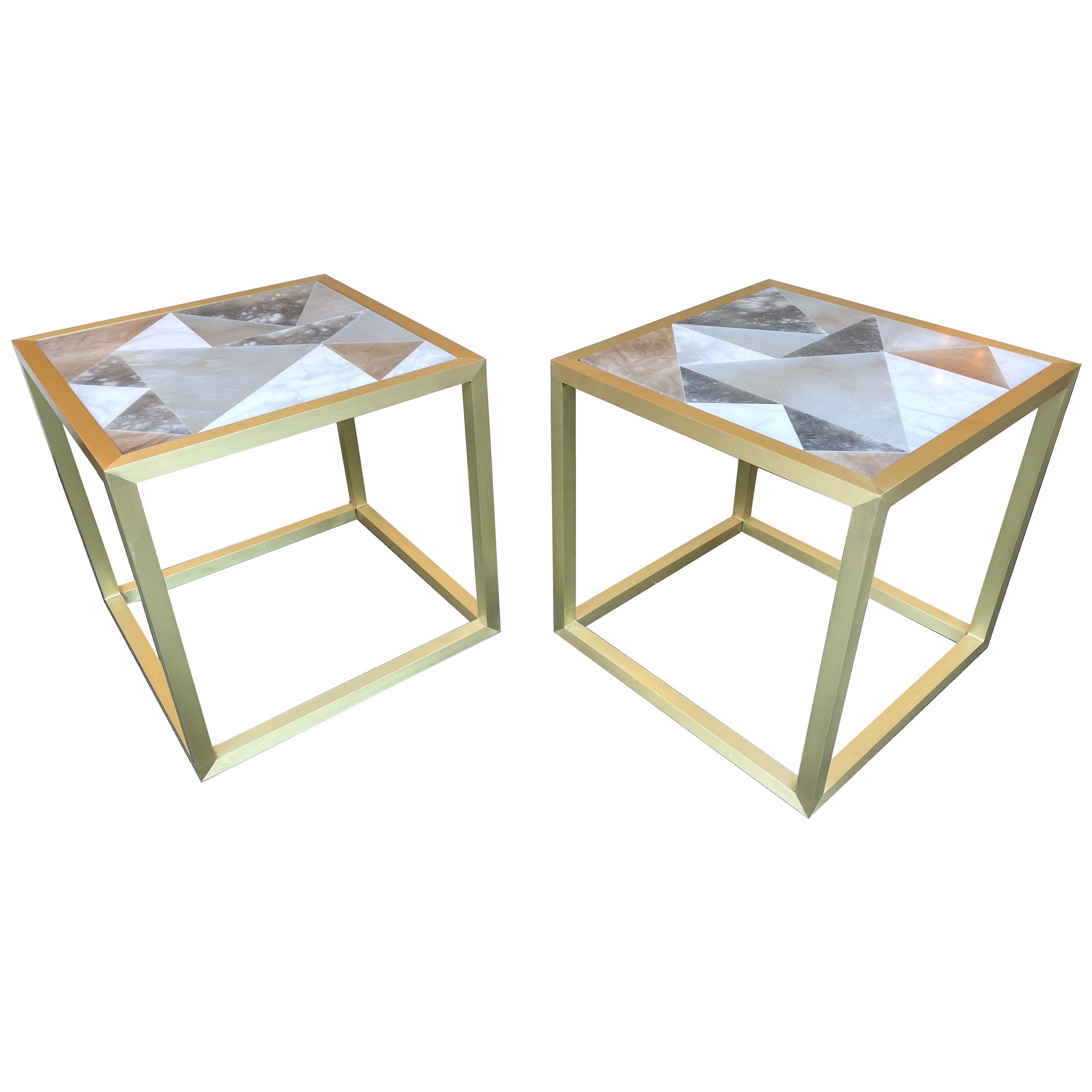 Contemporary Pair of Brass Cube Tables Alabaster by Antonio Cagianelli. Italy