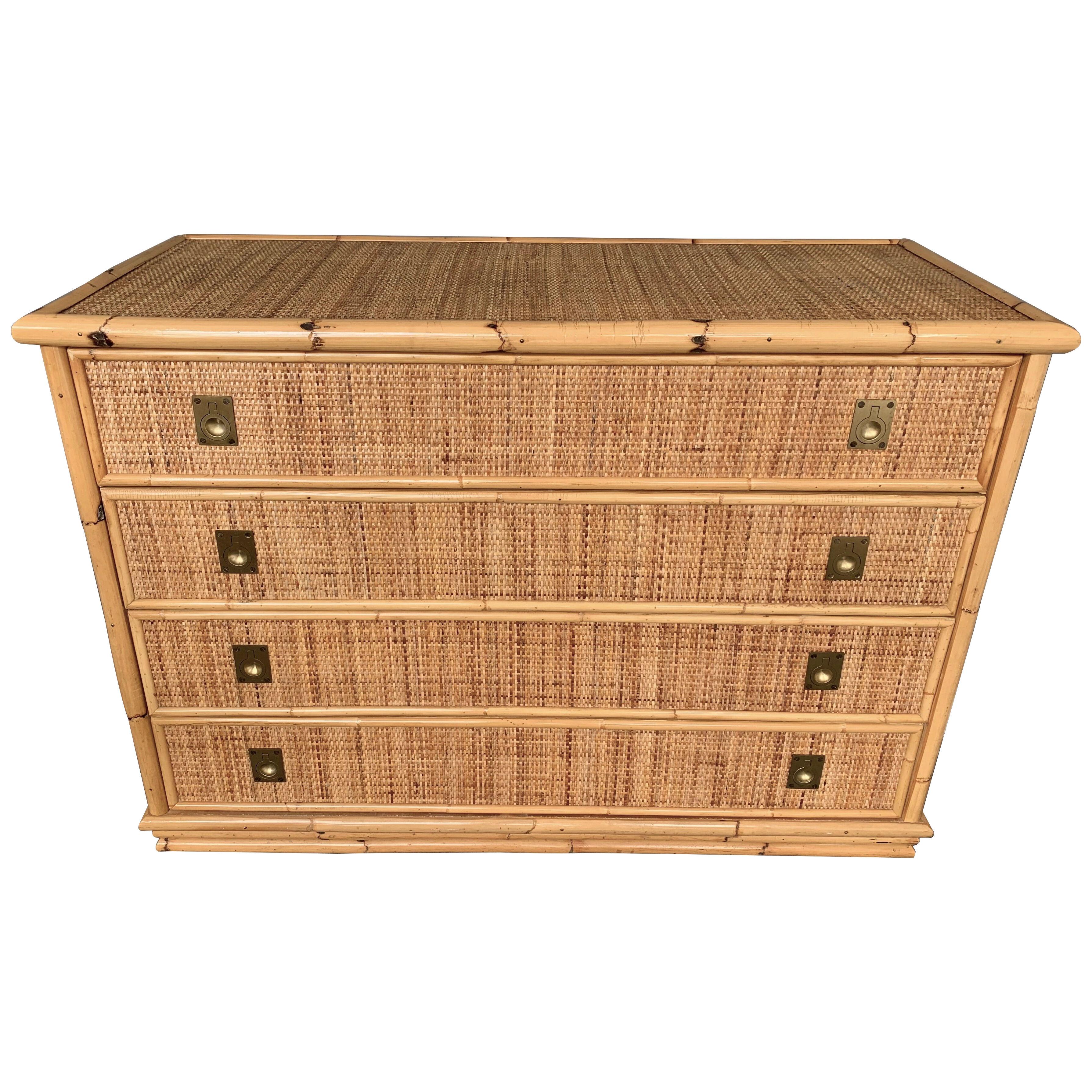 Bamboo Rattan and Brass Chest of Drawers by Dal Vera, Italy, 1970s