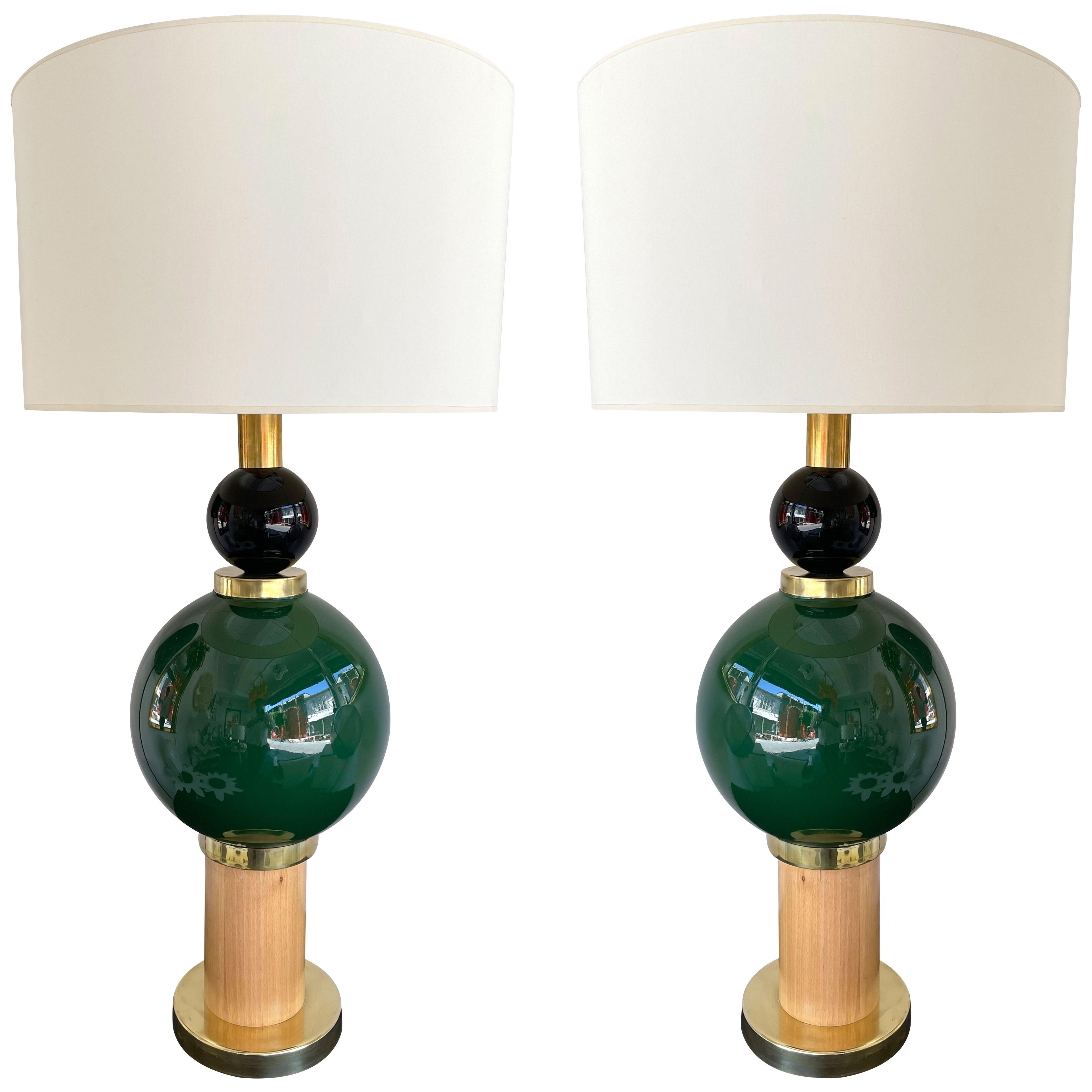 Contemporary Pair of Brass Murano Glass and Wood Lamps, Italy