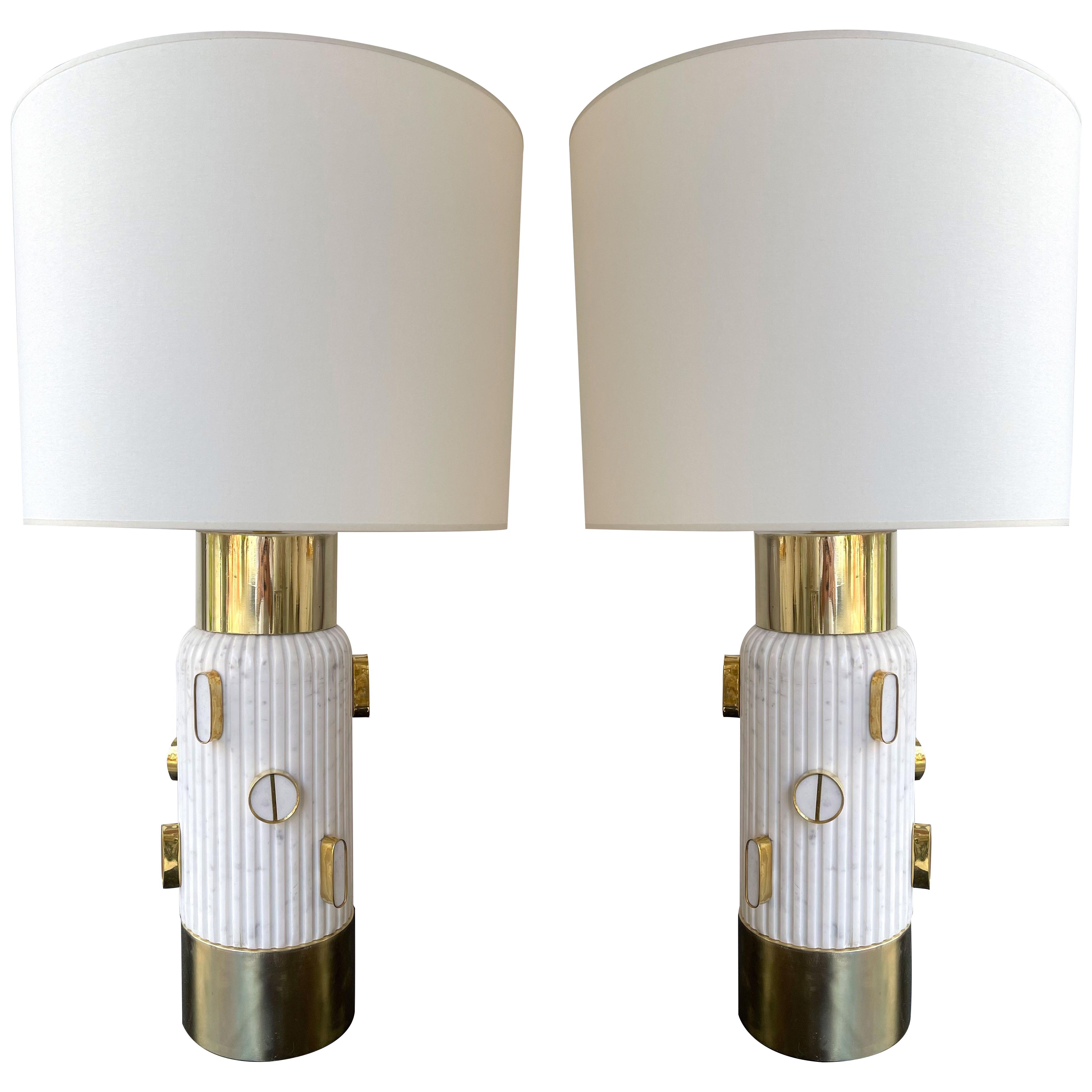 Contemporary Pair of Brass and Marble Lamps, Italy