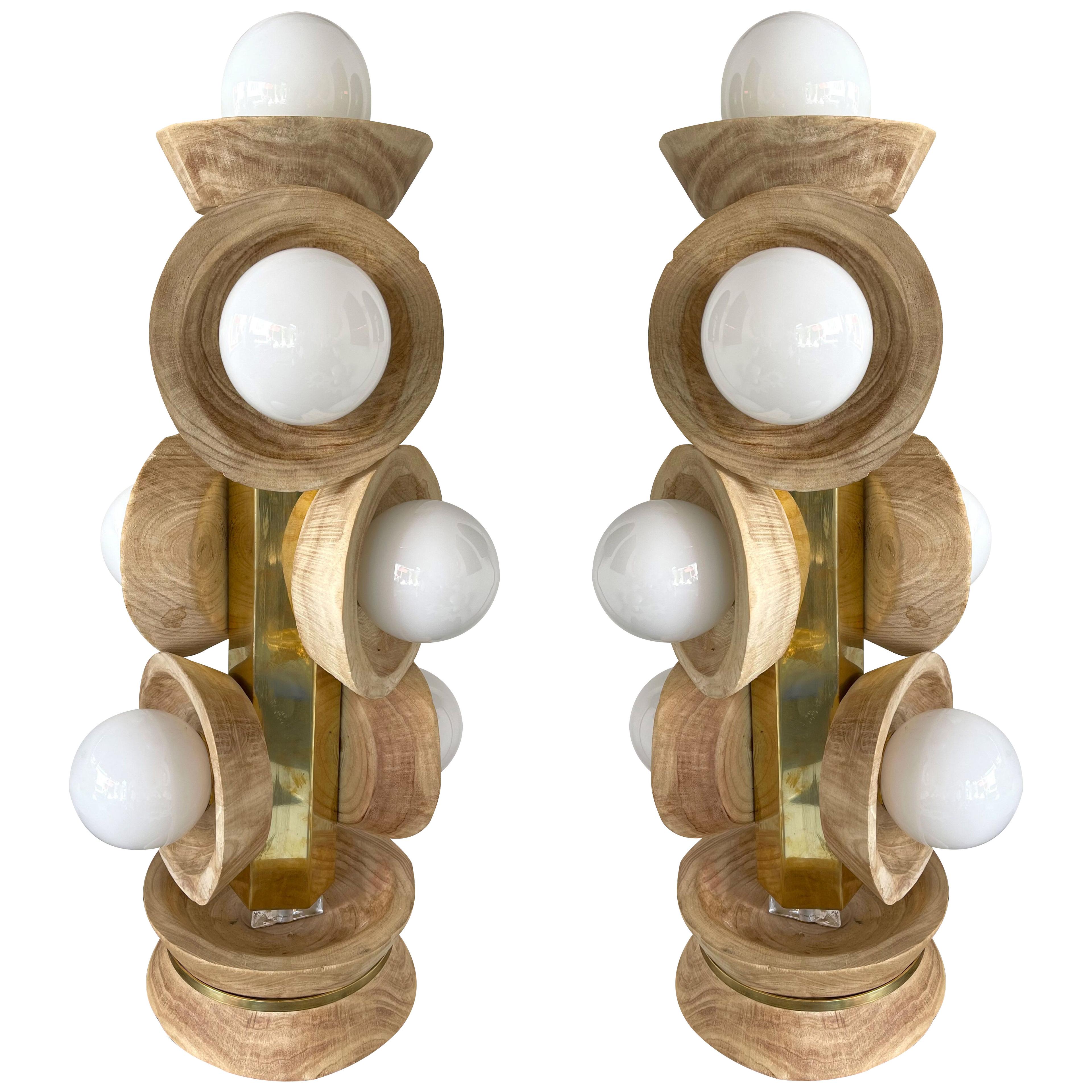 Contemporary Pair of Brass Opaline Murano Glass and Wood Lamps, Italy