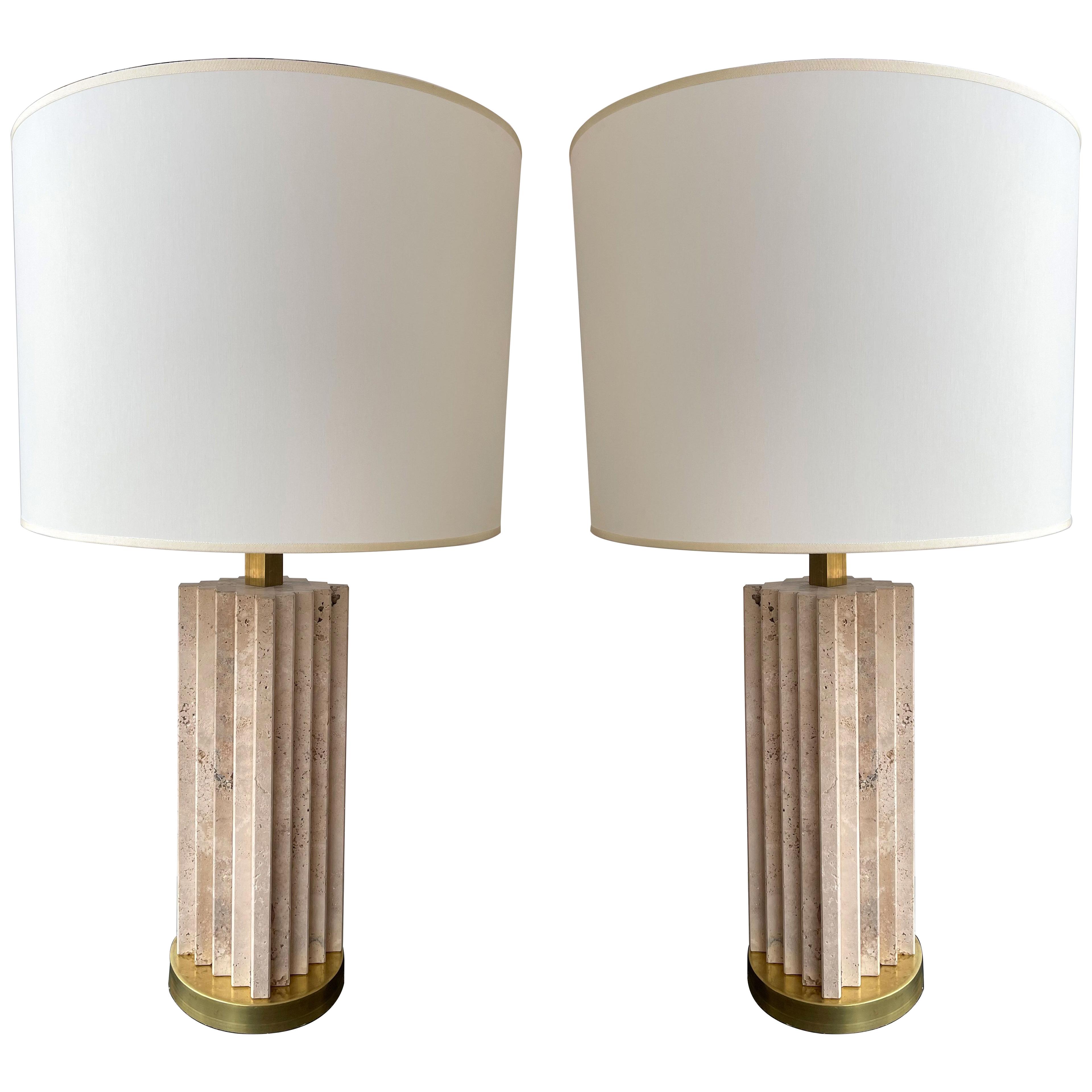 Mid-Century Modern Pair of Travertine and Brass Lamps