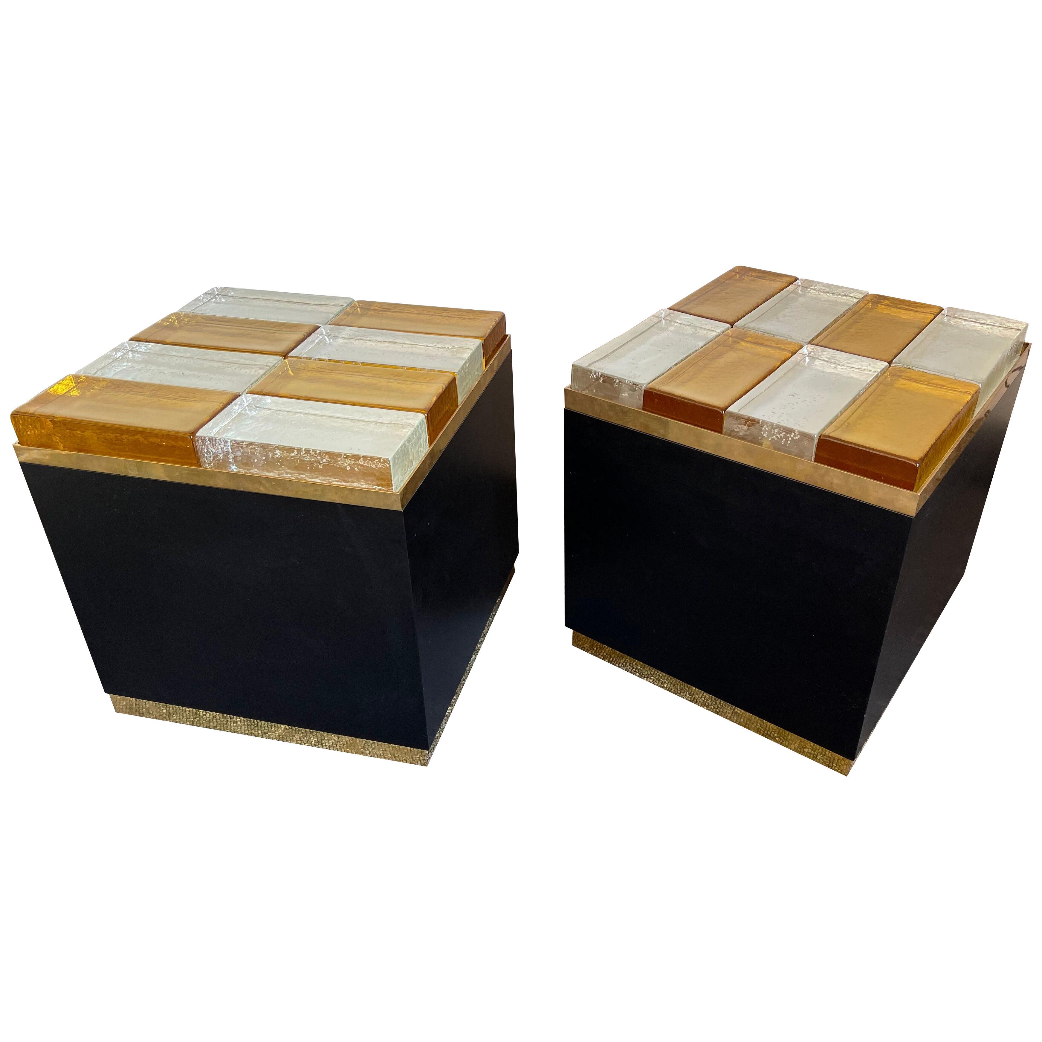 Contemporary Pair of Lightning Murano Glass Brass Side Tables. Italy