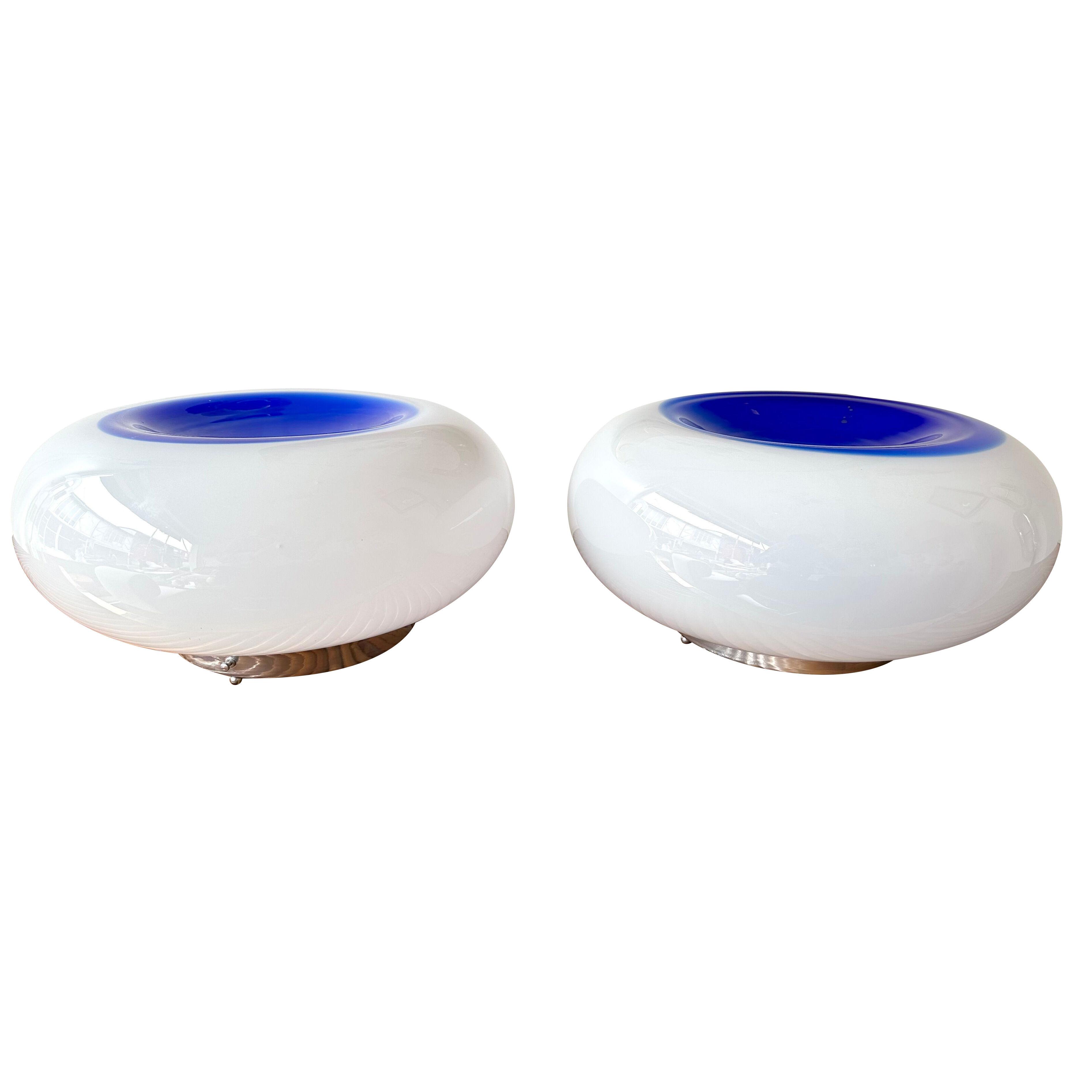 Pair of Blue Eyes Lamps Murano Glass and Metal by Murano Due, Italy, 1970